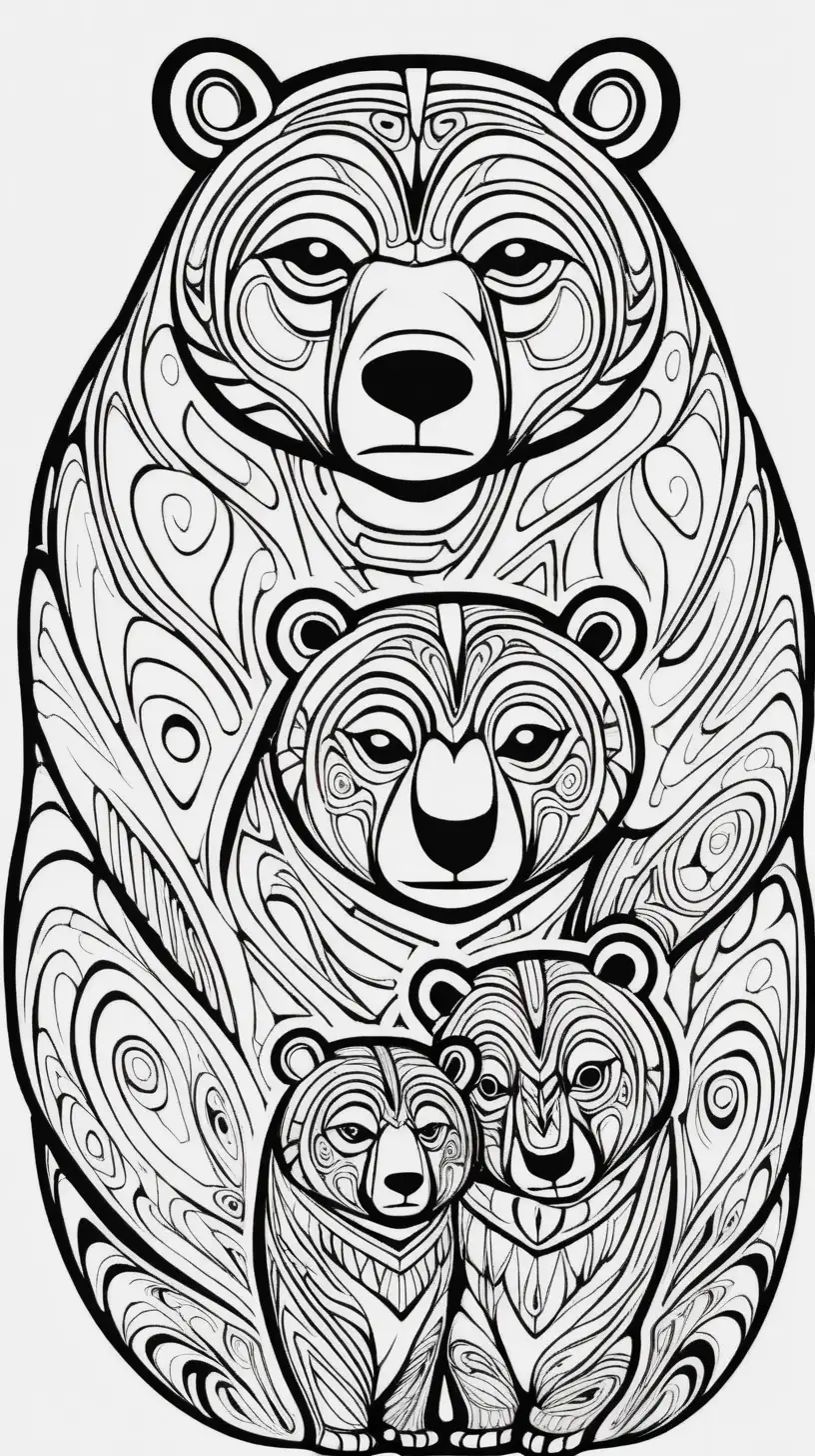Bear and cub totem representing maternal love and protection, inspired by the Kwakiutl tribe, coloring book image, clean thick black lines