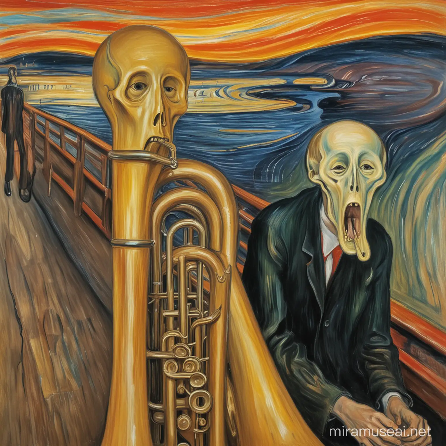 Tuba Players in Agony Amidst Edvard Munchs Iconic The Scream Landscape