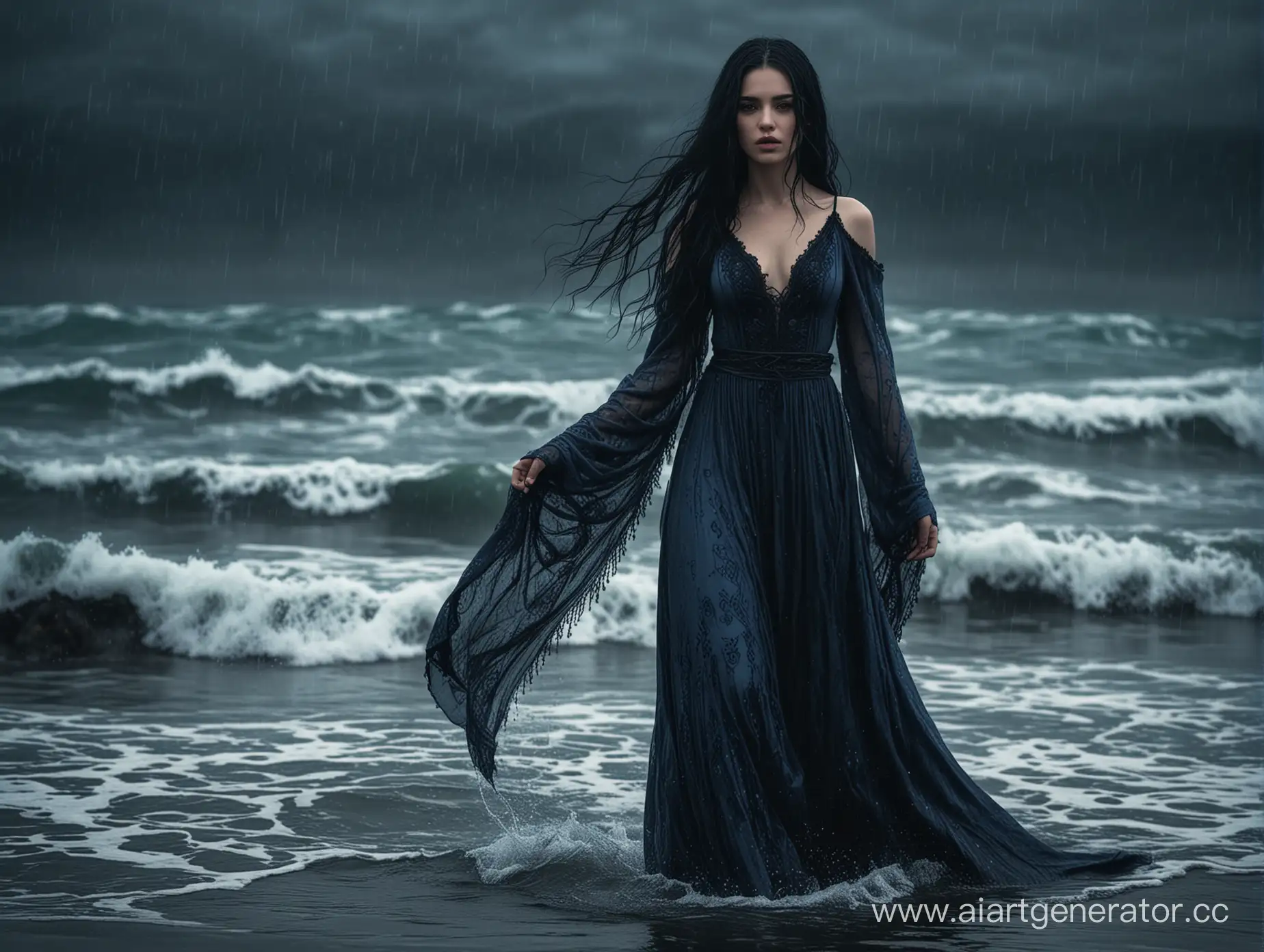 Девушка с длинными черными волосами с темно-синими кончиками в длинно черном платье с темно синими узорами на груди и подоле, стоит в море под дождем, в темных тонах, в стиле темного фэнтези.