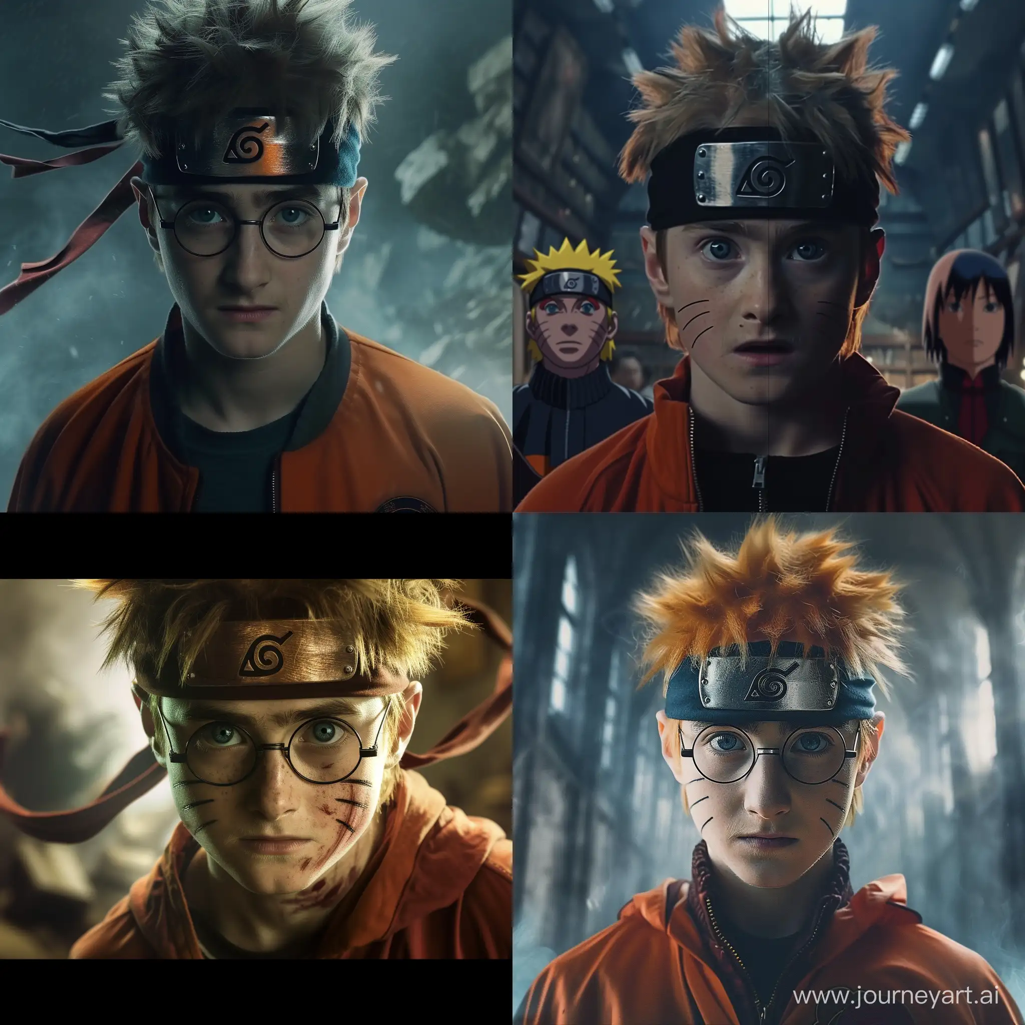 a shot from a movie about Harry Potter and his friends who found themselves in the world of Naruto
