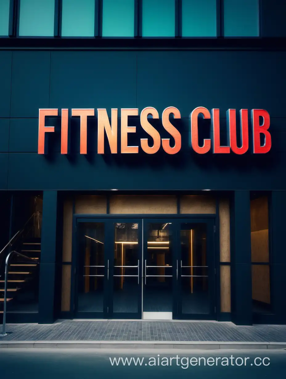 Fitness club on the street with a sign fitness club, building, modern, beautiful. Beautiful lighting and effects