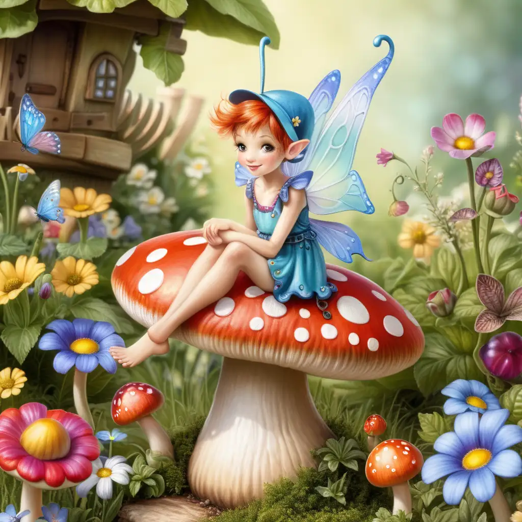 cute whimsical pixie on a toadstool in a cottage garden, colourful