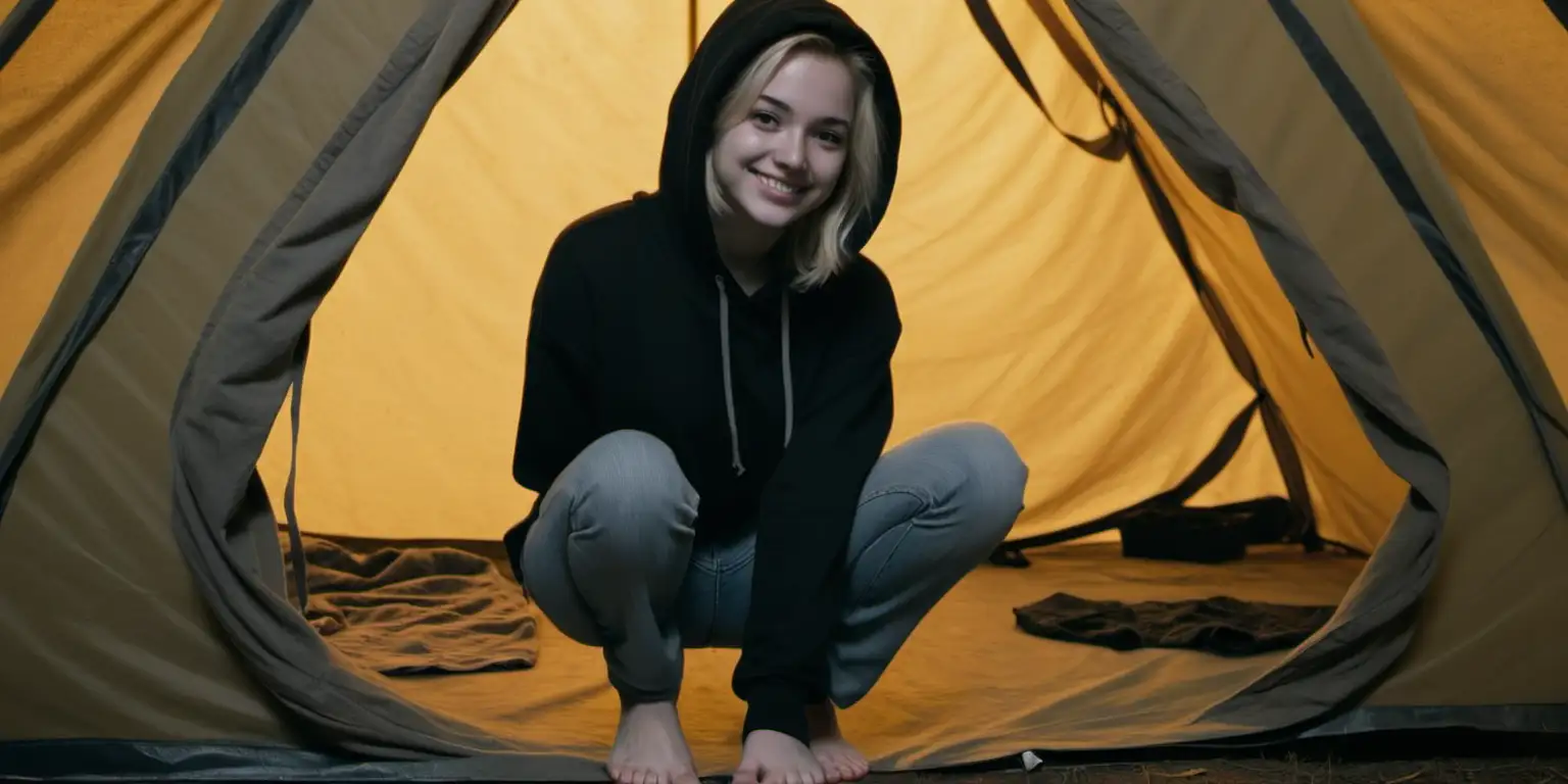 Smiling Barefoot Woman in Nighttime Tent