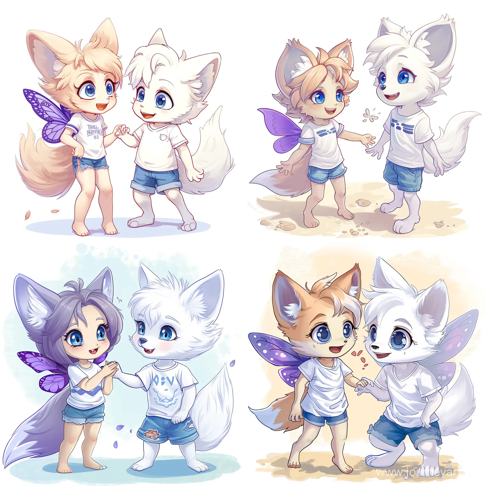 Character 1 : A cartoon furry anthropomorphic fox girl with small purple butterfly wings, blue eyes, she wears a white T-shirt with two blue stripes and short denim shorts.
Character 2: Anthropomorphic furry cartoon white fox boy 

Thy are best friends and playing together --v 6 --ar 1:1 --no 12238