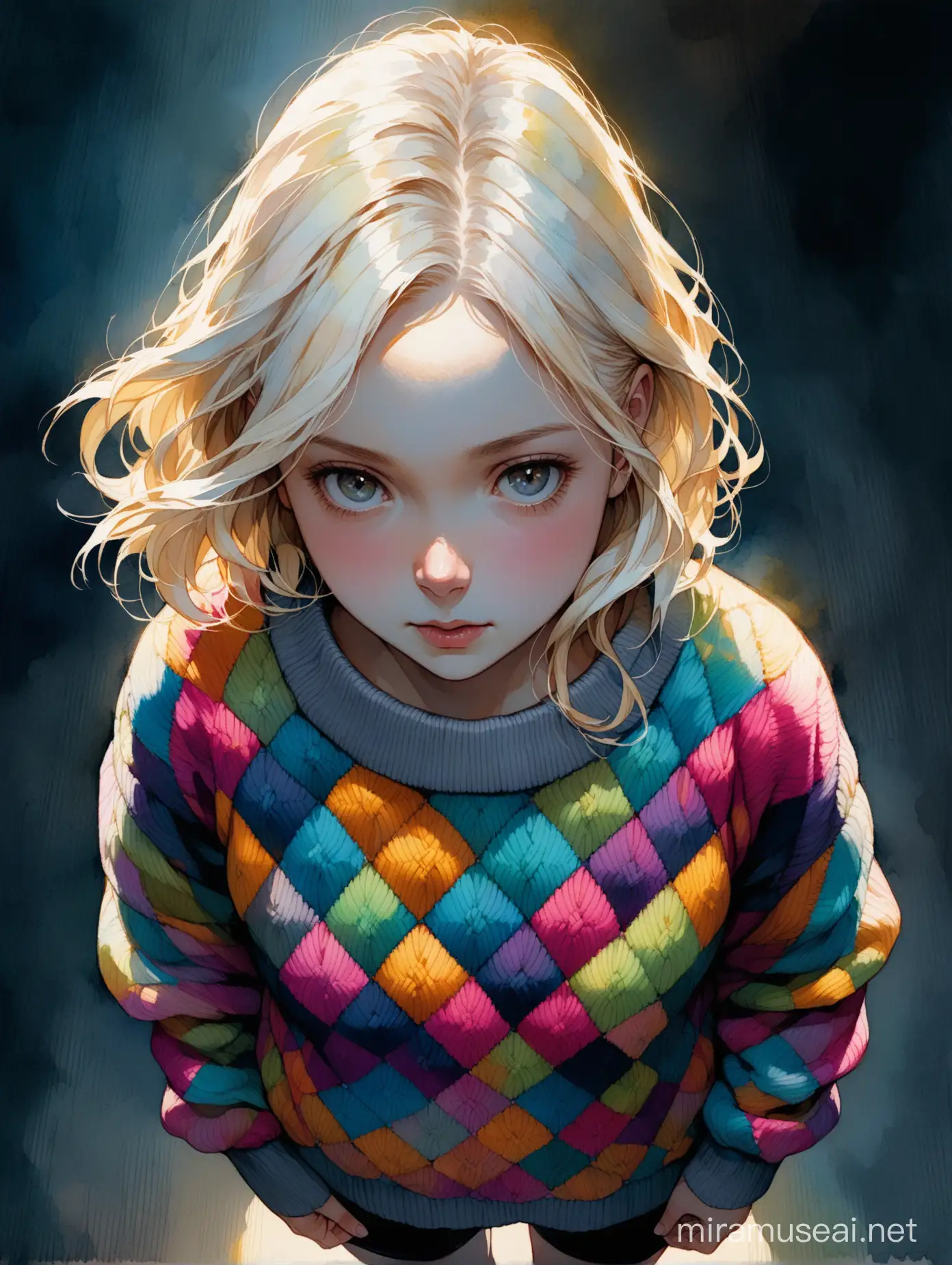 lex Maleev illustration depicting young Emma Myers as Enid Sinclar wearing colorful patchwork knit sweater, short wavy white blond hair with pinkish tips, chiaroscuro, dramatic lighting, messy watercolor, no distortion, gray palette, insanely high detail, very high quality, seen from above
