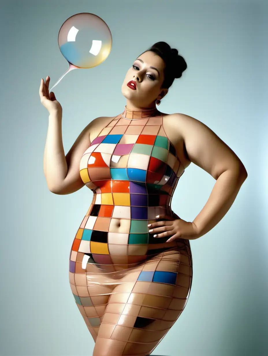 Empowering PlusSized Nude Fashion Model in Cubist Salvador Dali Attire with Playful Bubbles and Vibrant Colors