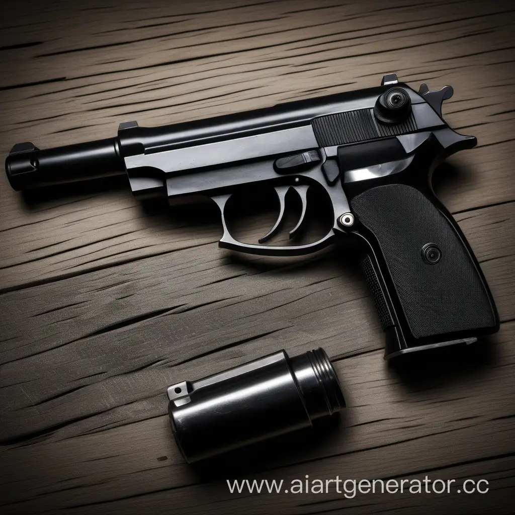 Makarov's pistol is lying on a wooden table, a large silencer, a silent pistol, a modern pistol, painted black, maximum detail