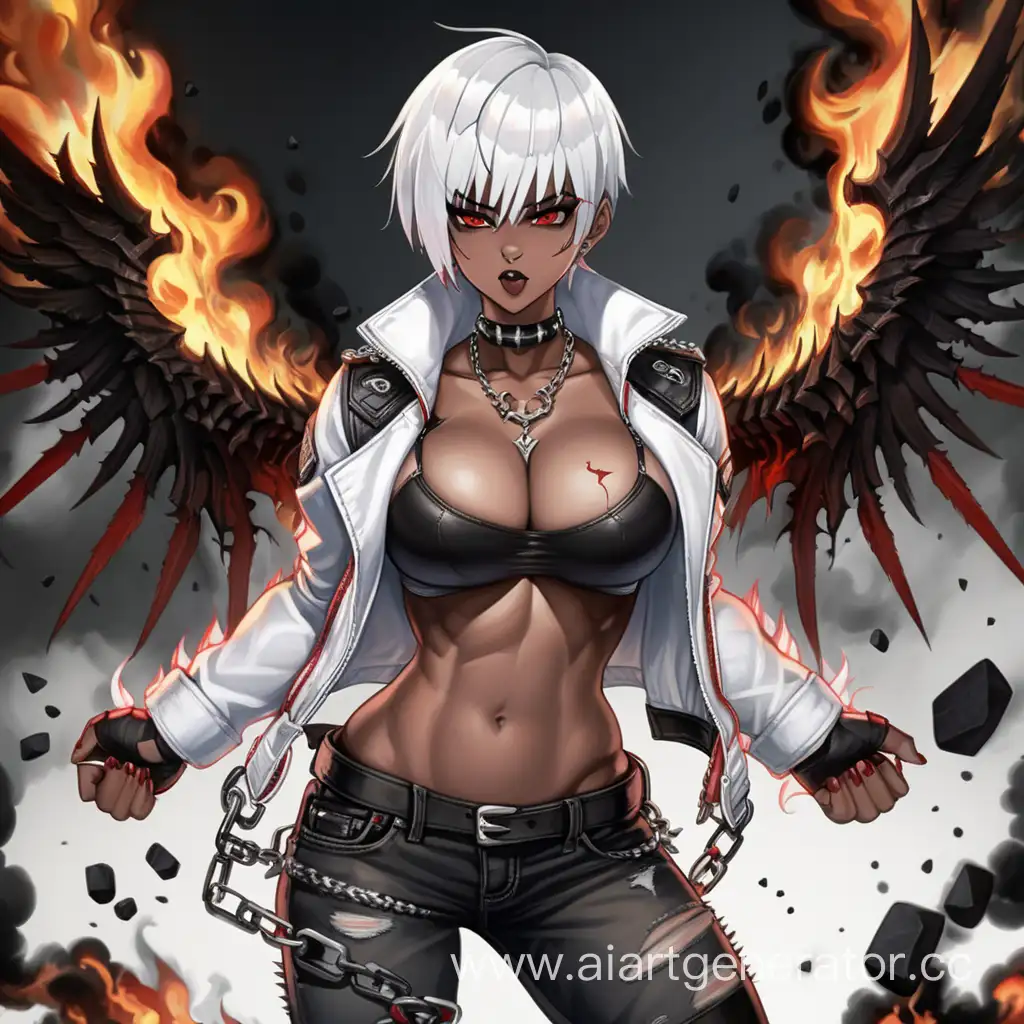Battle Field, 1 Person, Women, Human, White hair, Short hair, Spiky Hairstyle, Dark Brown Skin, Black Burning Wings, White Jacket, White Shirt, Black Jeans, Choker, Burning Chains, Black Lipstick, Serious Smile, Scarlet Red-eyes, Sharp Eyes, Big Breasts,  Flexing Muscles, Muscular Arms, Muscular Legs, Well-toned Body, Muscular Body, Red Smoke, 