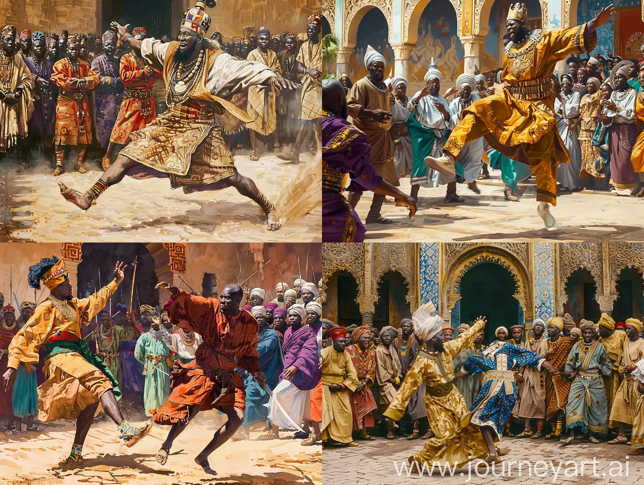 an African king kicking out his prince out of the palace with 100 subjects watching in surprise 