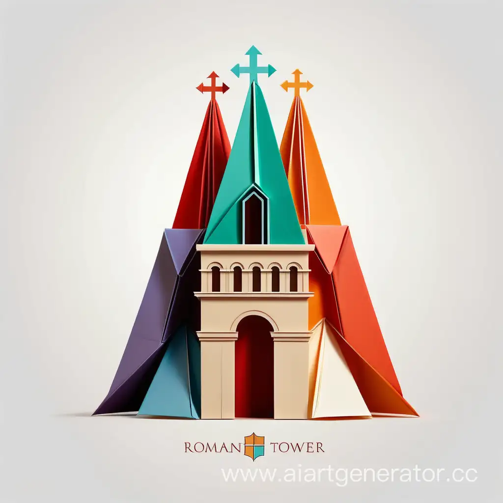 Simple logo of a Roman Catholic tower three colors, made of origami. white background.