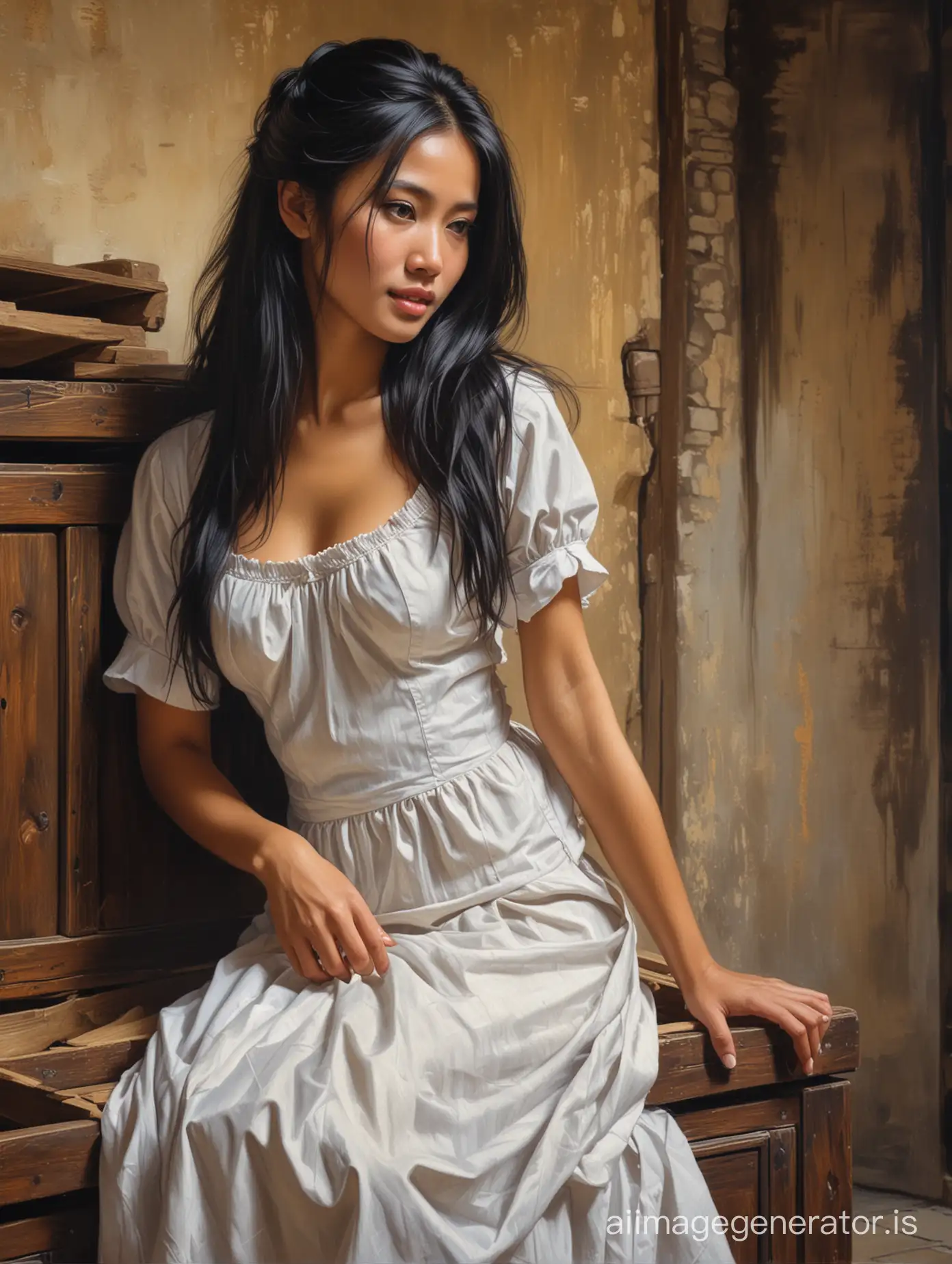 an oil painting of a beautiful shy tanned Vietnamese maid with long black hair and small breasts taking out a dress from a wooden chest in a castle bedroom