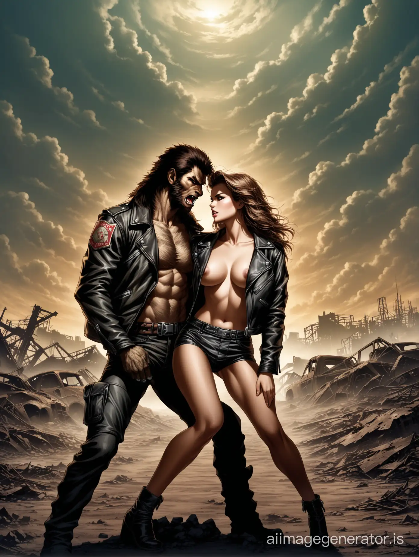 ((Erotic photography));(A werewolf protecting a woman); (background "Fallout"|"Wasteland)";Female model of the 80s, dressed in a biker jacket,dramatic, extreme composition