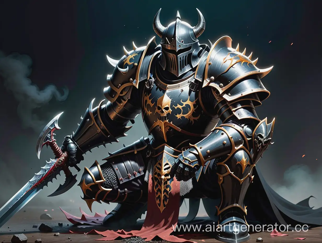 a wounded chaos knight is kneeling with a sword sticking out of his chest 
Black Massive armor . Warhammer Fantasy Battle art