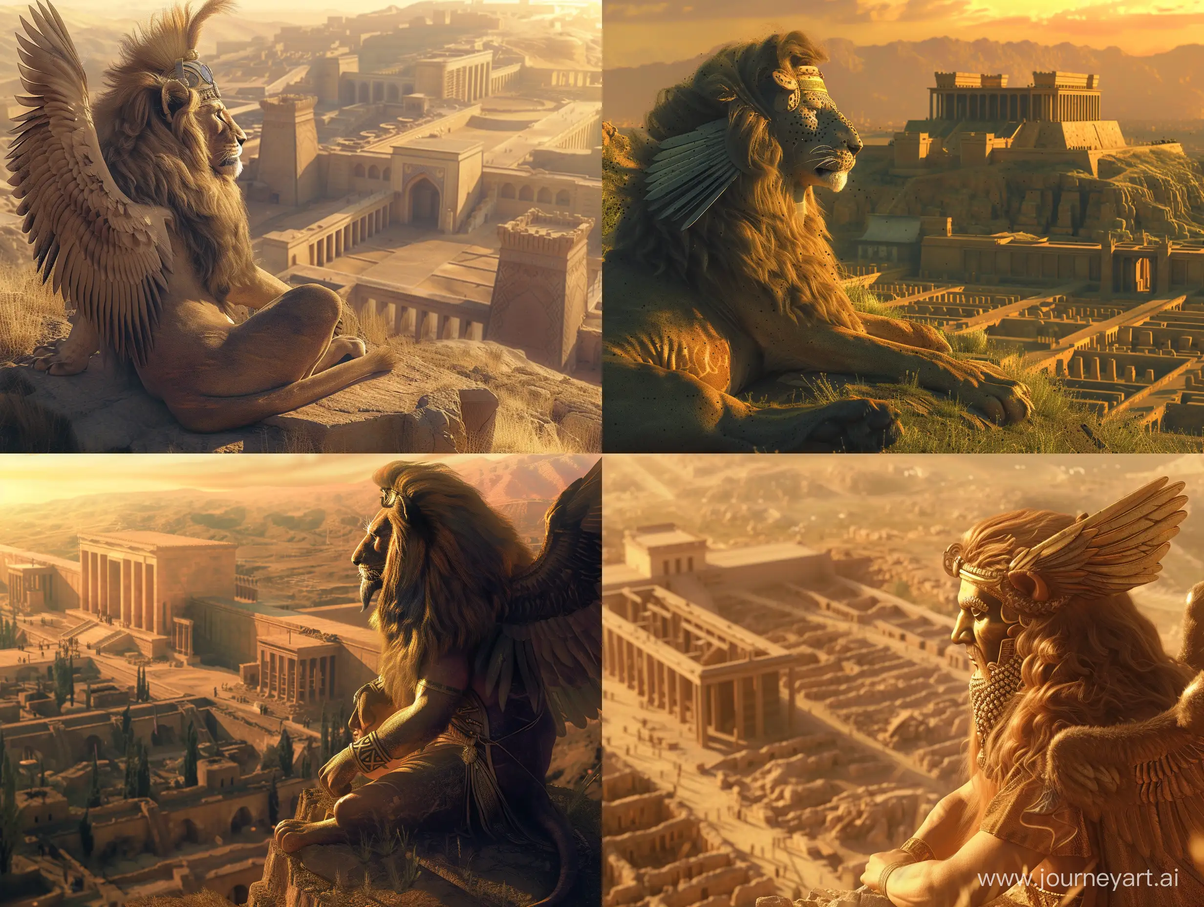 An animal with a head like an Achaemenid human face and a beard king and a lion's body and two wings is looking at Persepolis from the top of a hill in Persepolis. in an ancient civilization, cinematic, epic realism,8K, highly detailed, bird's eye view, golden hour lighting, make a realistic photo.