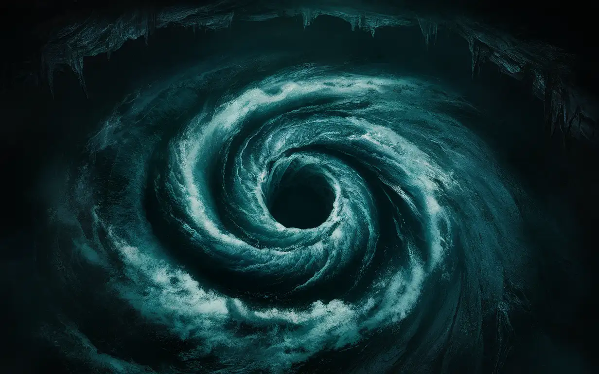 giant whirlpool in a massive underground ocean, dark, deep, underground,  top-down