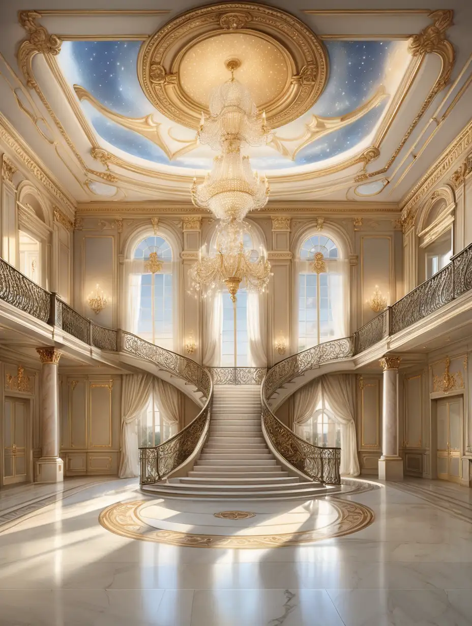 imagine an open air french provincial style ballroom, bright with golden accents.  The sky outside is a starry twilight. A chandelier is centered in the ceiling medallion.  architectural lines are congruent and match up. the floor and staircase are marble. the ballroom is empty. there is a sweeping staircase that leads to the balcony. 



