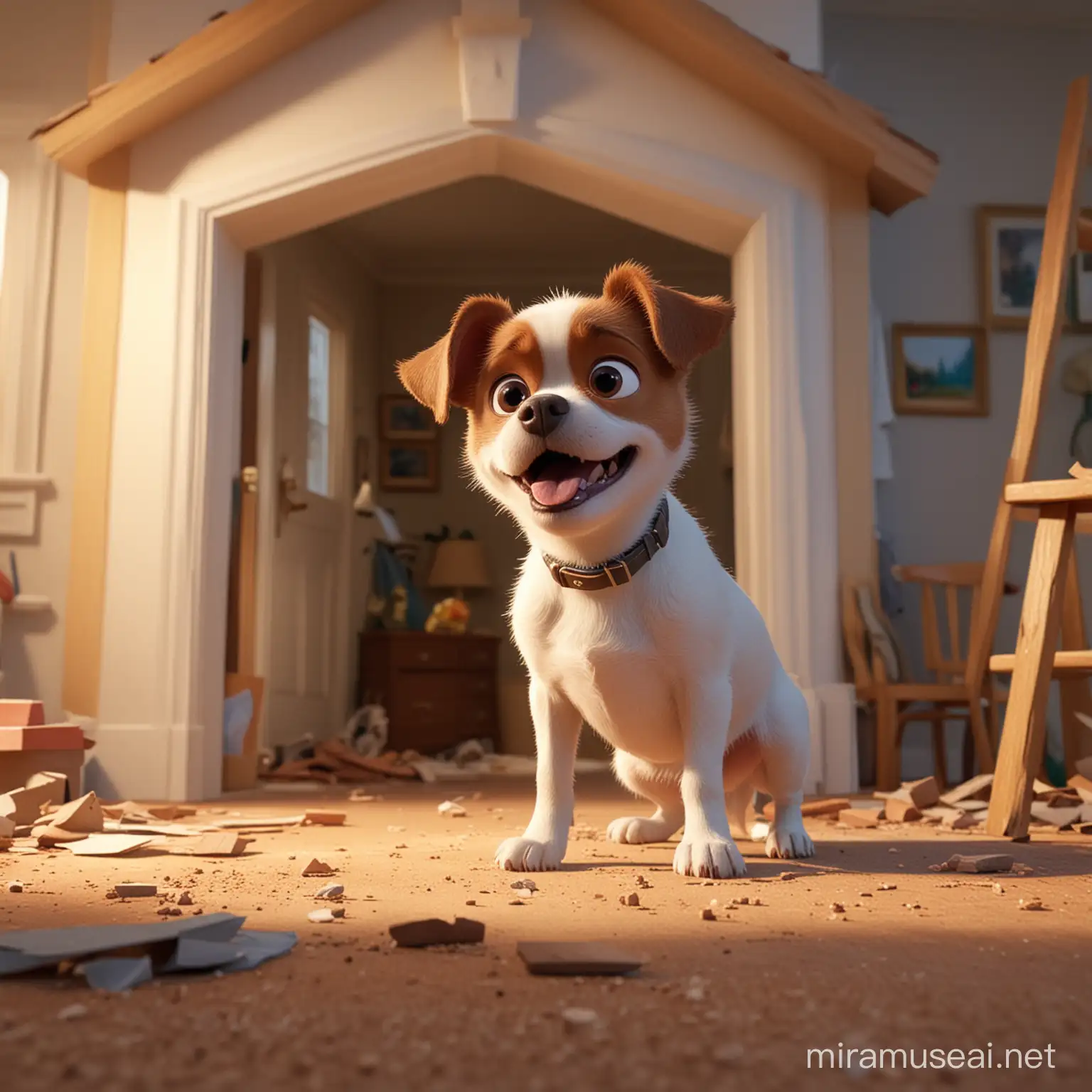  the mischievous little dog demolishing the house, a man in  very bad mood  ,disney pixar style