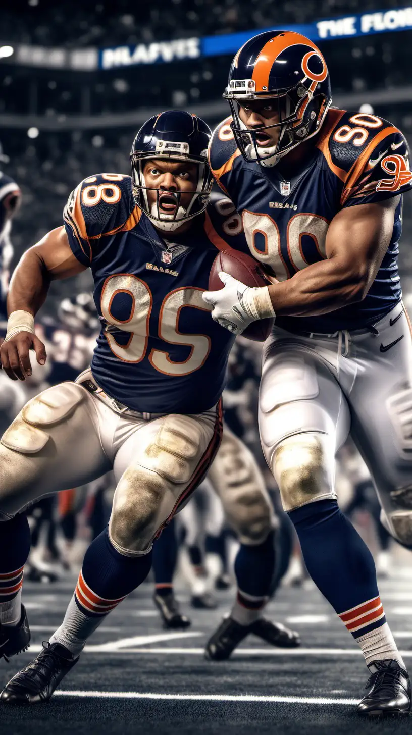 create an ultra-realistic and highly detailed image that vividly captures a moment of glory and intense competition during the Super Bowl, featuring Aaron Donald of the Los Angeles Rams and David Montgomery of the Chicago Bears. In this scenario, Aaron Donald is depicted in the foreground, embodying strength and determination. He is in the midst of a powerful defensive play, with his muscles tensed and his face focused, ready to tackle an opponent. He wears his Rams uniform, which is detailed and vibrant, showcasing the team's colors and logo prominently.

Simultaneously, in the background, David Montgomery is seen making a decisive, agile run. He's in his Bears uniform, gripping the football tightly as he navigates through the defense, his eyes laser-focused on the end zone. His uniform is equally detailed, highlighting the Bears' iconic colors and emblem.

The scene is set in a packed stadium, under the bright lights of the Super Bowl, with the crowd's energy palpable. Fans are on their feet, cheering, with banners and flags for both teams waving in a frenzied atmosphere. The image should capture the essence of the Super Bowl's competitive spirit, the athleticism of both players, and the passionate support of the fans, all under the grandeur of the event's setting.