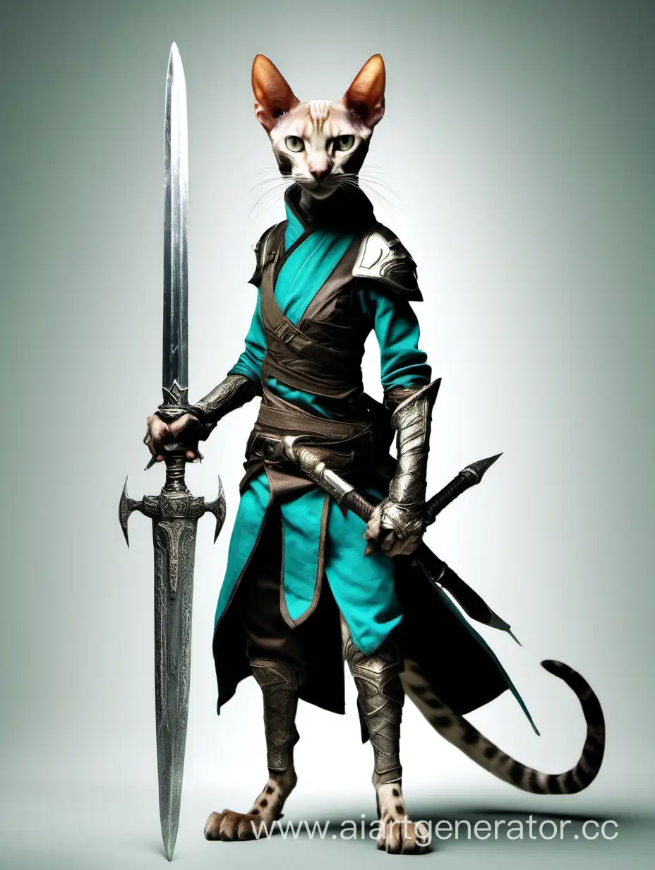 a skinny Oriental cat dressed as a Skyrim rogue with a sword.