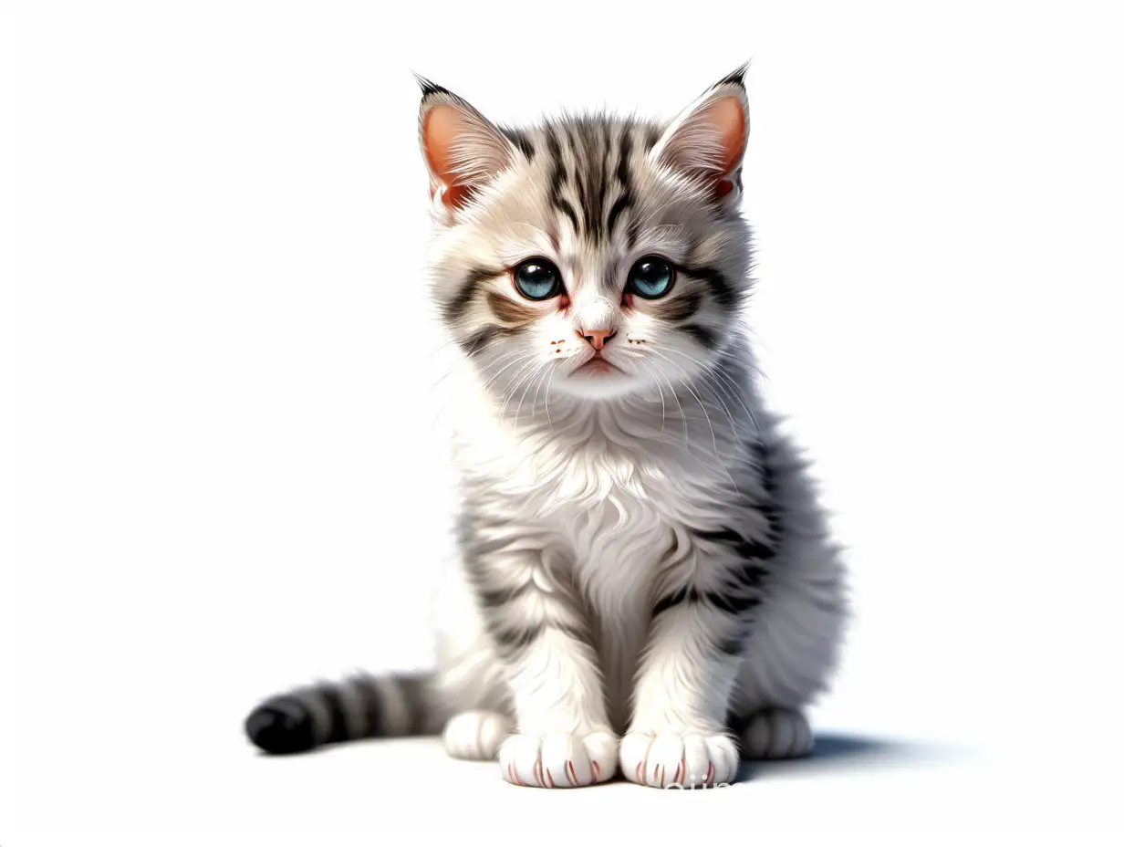 realistic small cute cat very sad in a middle, on white background