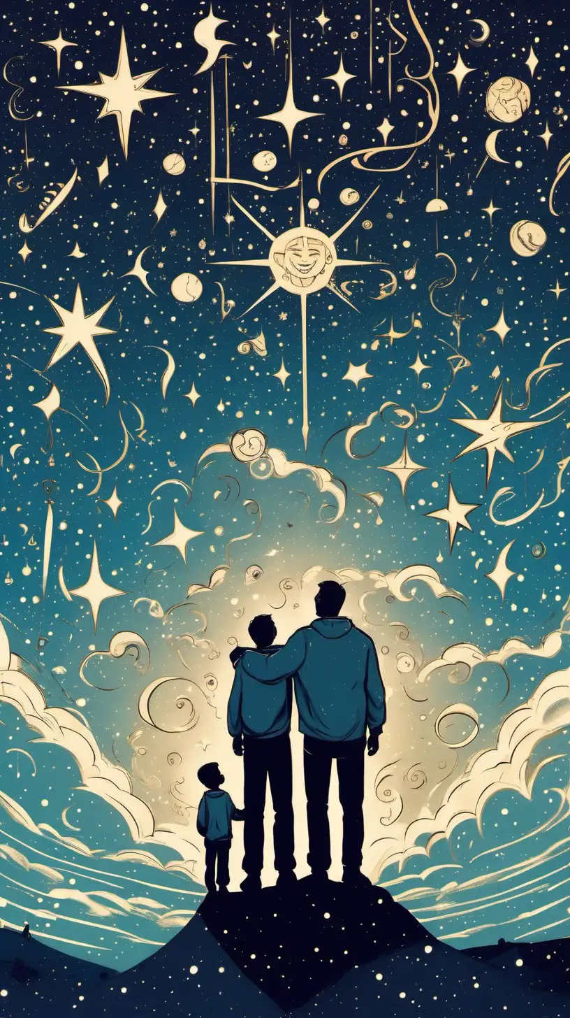 Illustrate a father and big son standing beneath a starry sky, with different astrological symbols raining down on them, representing celestial influences shaping their lives. 