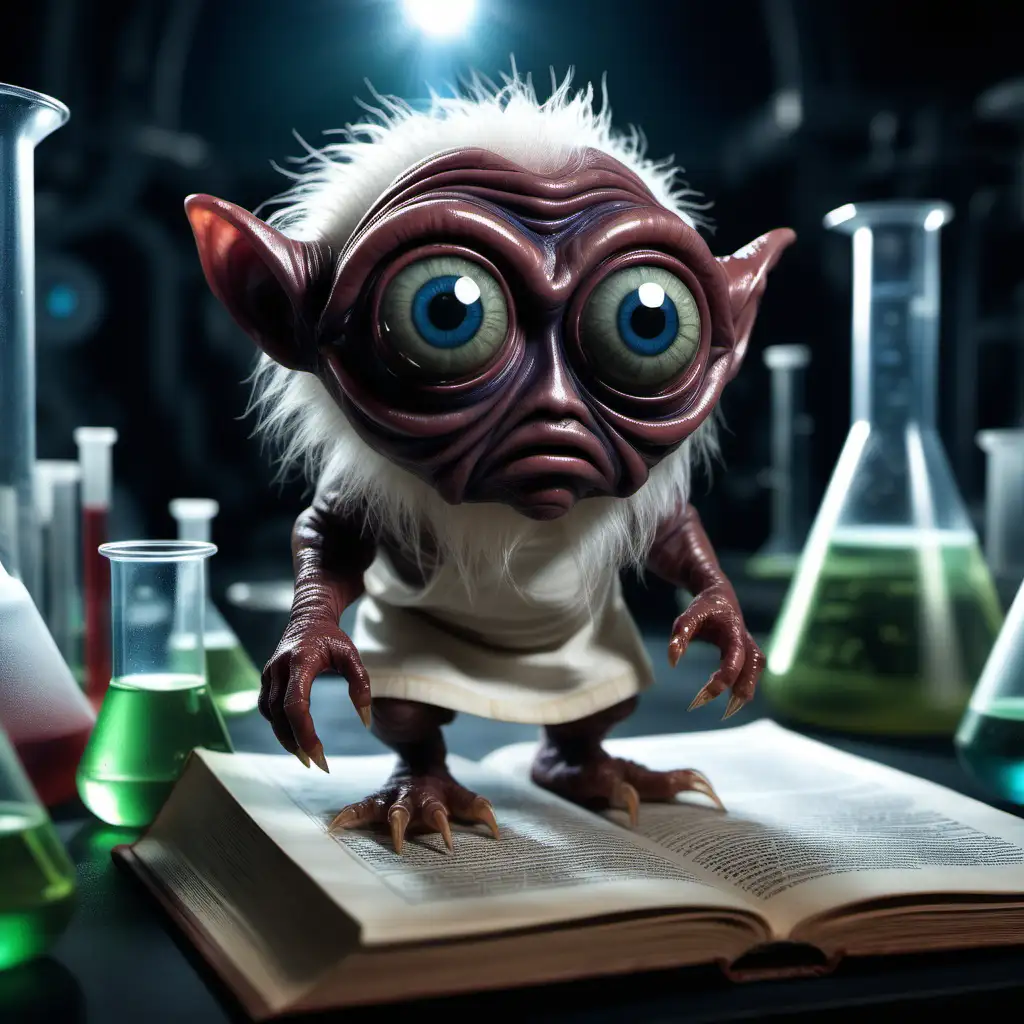 A small Bookling creature from Zamonia, small, cyclops, one eye, inside a science lab with beakers, inside labyrinth, photo realistic image, dark, striking, real looking
