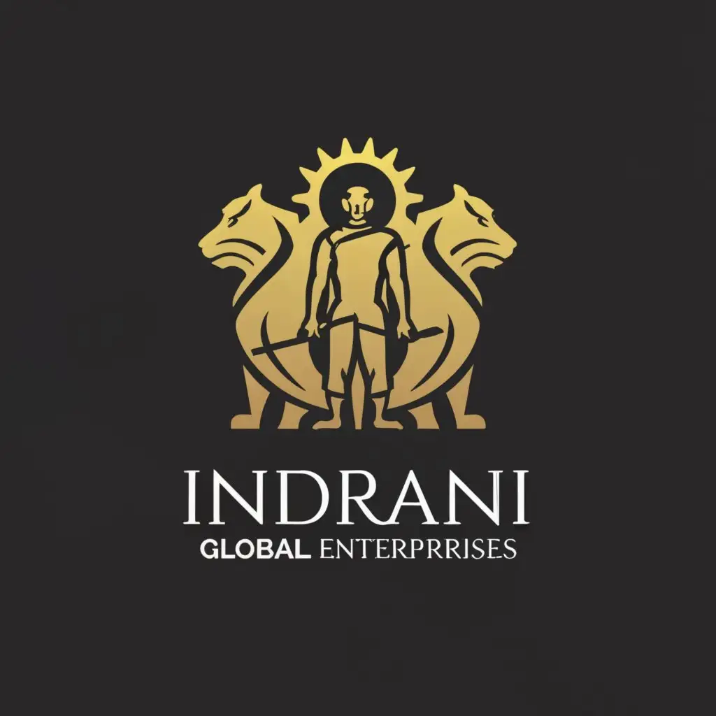 a logo design,with the text "INDRANI GLOBAL ENTERPRISES", main symbol:A MAN IN THE MIDDLE OF THE LOGO AND ON BOTH SIDES TWO ANIMALS WHICH ARE SYMBOLS OF POWER WITH NAME UNDERNEATH AND AT THE VERY BOTTOM ADD NAGPUR,Moderate,clear background
