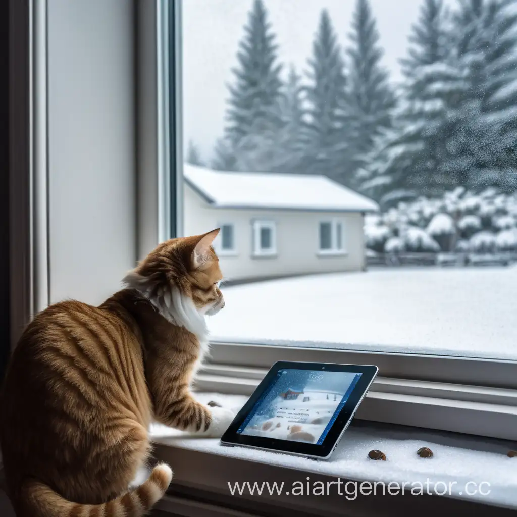 Кот на подоконнике у лап планшет, экран не видно, за окном идет снег