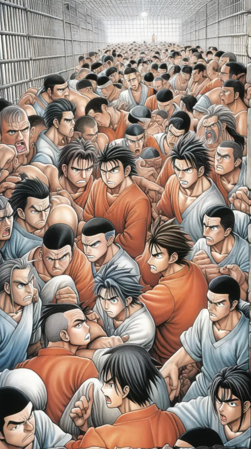A colored manga image of an overcrowded male prison.