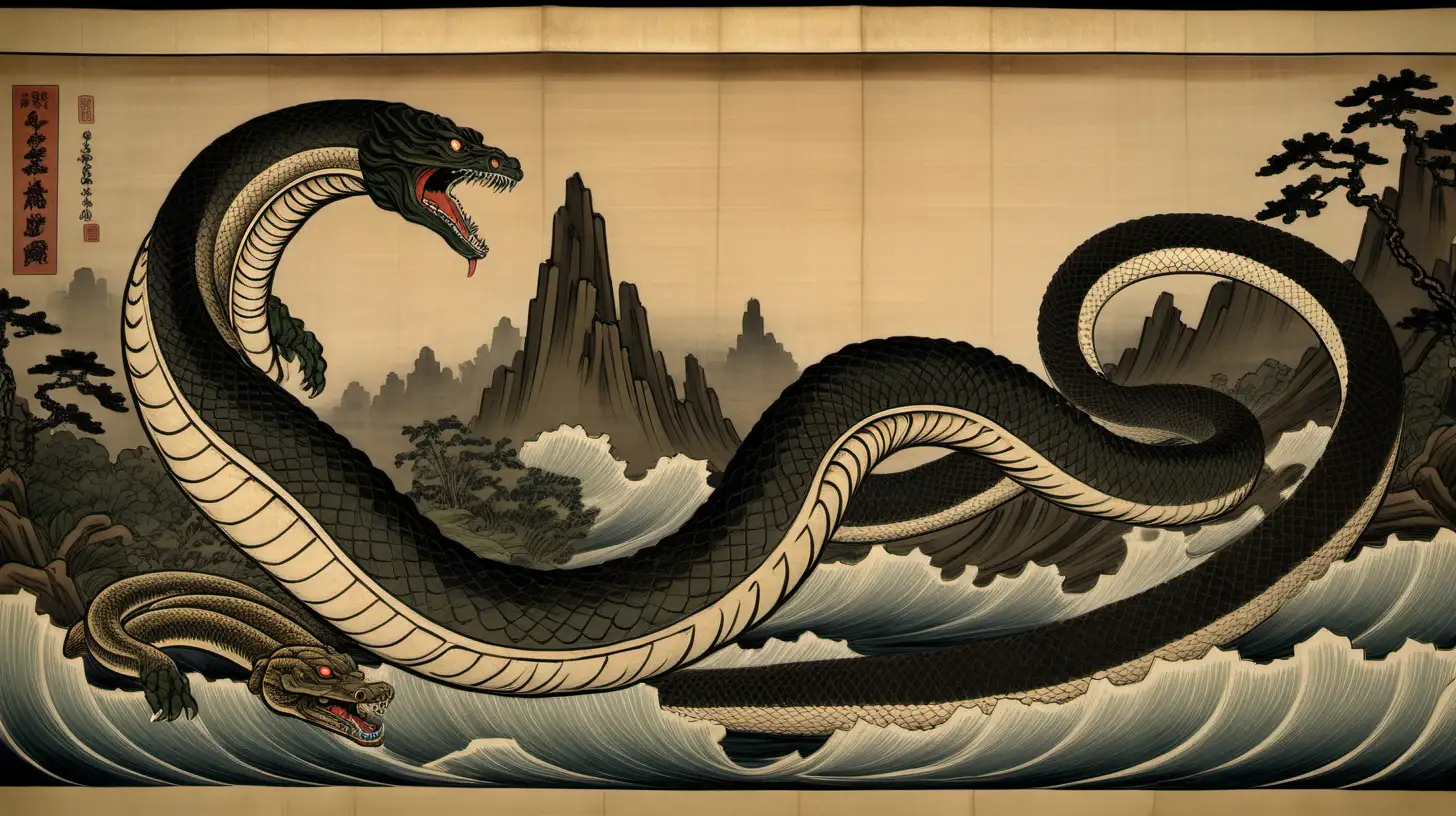 Godzilla confronting a giant snake (titanoboa), the style is a Japanese scroll painting in a simple medieval style,