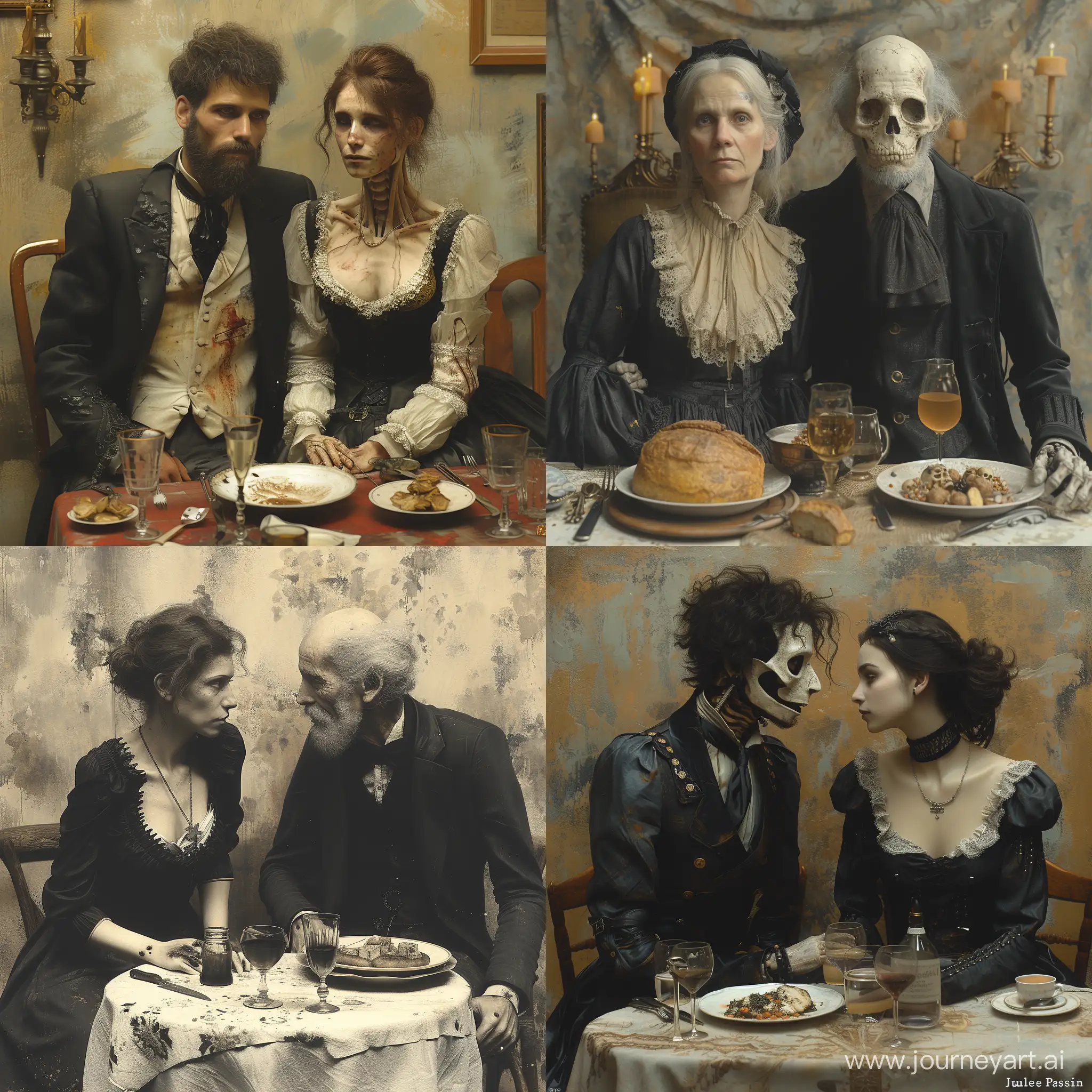 Biopunk-Mennonite-Couple-Dining-with-Guilty-Expressions-in-Sepia
