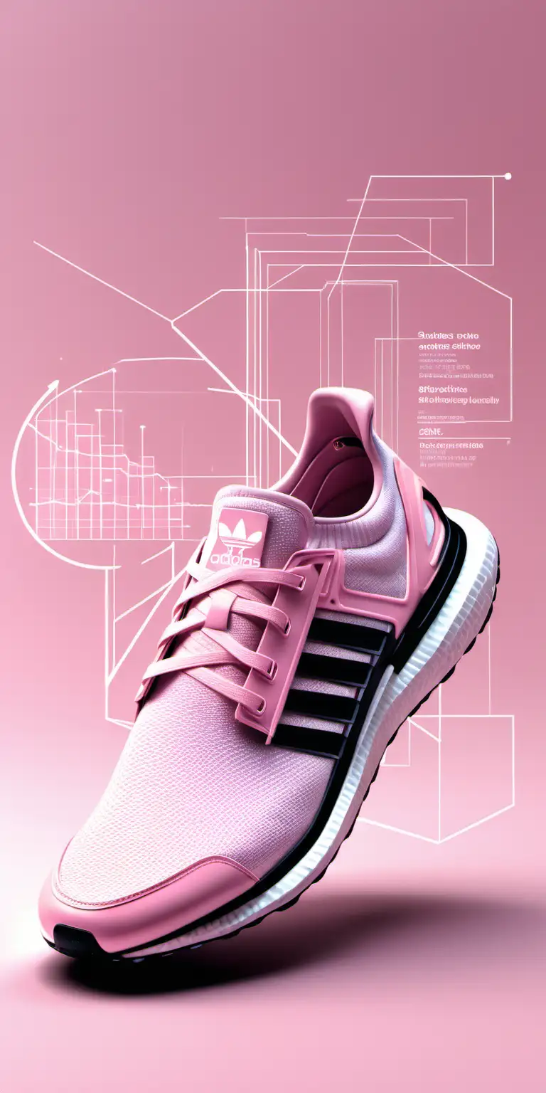 Create a captivating and futuristic image showcasing an Adidas shoe integrated with connected technology to collect and share usage data. Emphasize a light pink color palette to evoke a sense of modernity and innovation. Utilize numbers and graphs surrounding the shoe to visually represent the data. The image should convey a seamless blend of cutting-edge technology and stylish design, reflecting the advanced features of the connected footwear.