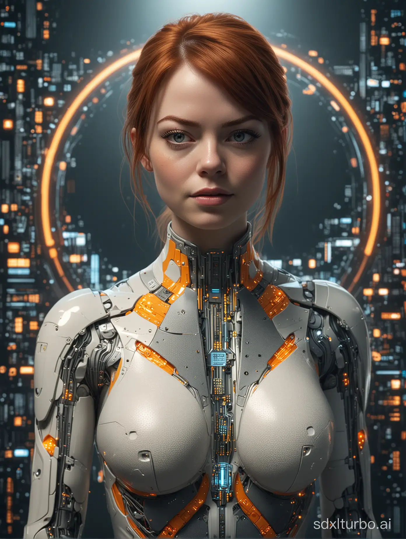 The image portrays a female figure, like emma stone,full body，huge breast，seemingly of futuristic origin. She is adorned in a form-fitting bodysuit that appears to be made of a combination of fabrics and possibly some form of advanced material. Overlaying her visage are digital interfaces and holographic elements,suggesting she may have cybernetic enhancements or be connected to a sophisticated system. Her eyes are closed,giving an impression of meditation or deep concentration. Surrounding her are various technological panels,screens,and devices emitting light and displaying data. The color palette is dominated by cool tones,with bursts of orange and yellow from the digital displays,lending the image a high-tech,cyberpunk ambiance.,