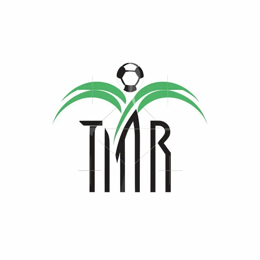 a logo design, with the text TMR, main symbol: Palm tree, dates, and soccer ball, Minimalistic, to be used in Sports Fitness industry, clear background