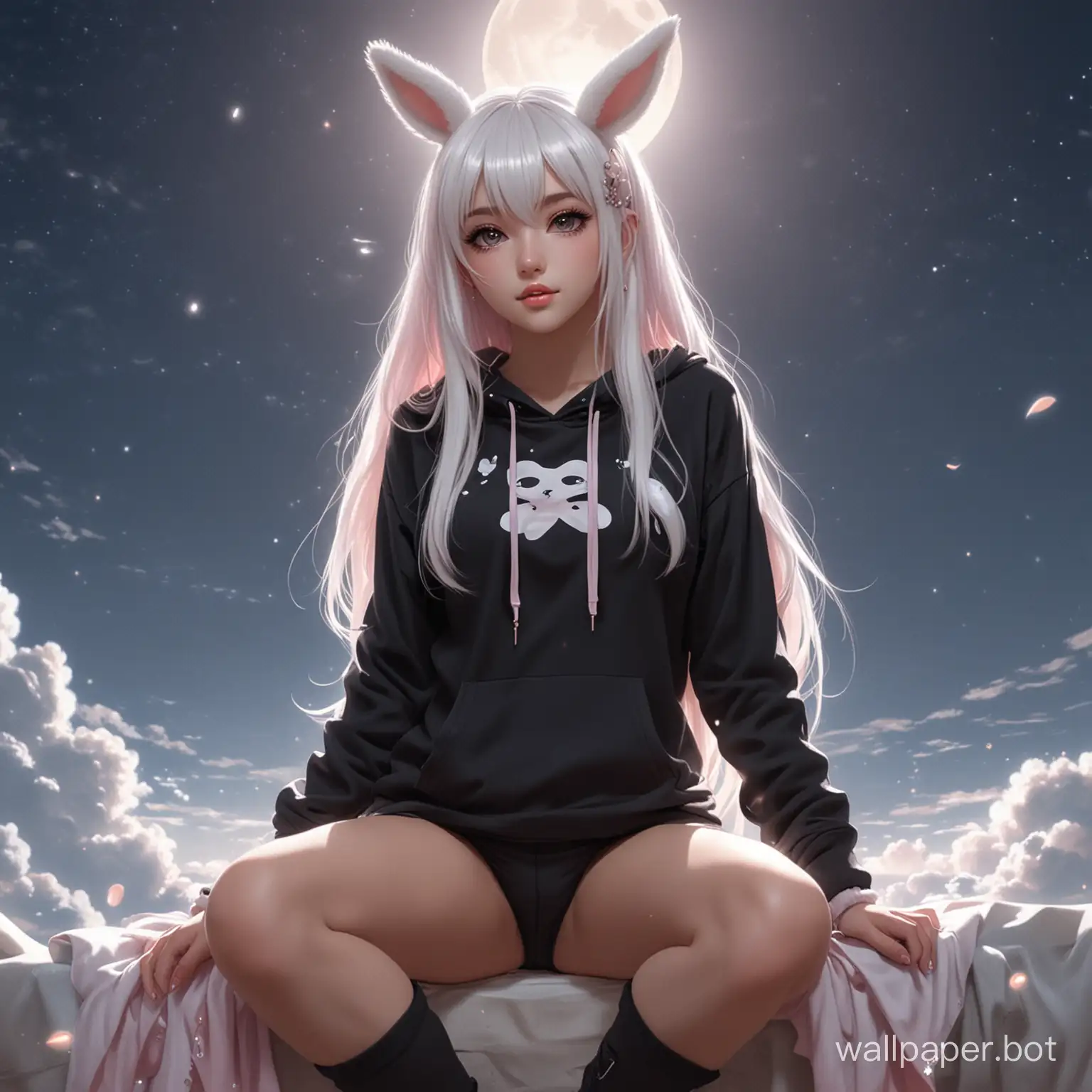 White hair goddess with bangs with big round black eyes wearing a black bunny hoodie and thigh highs and light pink beads floating under the moon, :1.2), masterpiece, 4k, best quality, anime art, glow, god rays, ethereal, dreamy, heavenly, otherworldly, dream-like, breathtaking, captivating, divine, soft focus