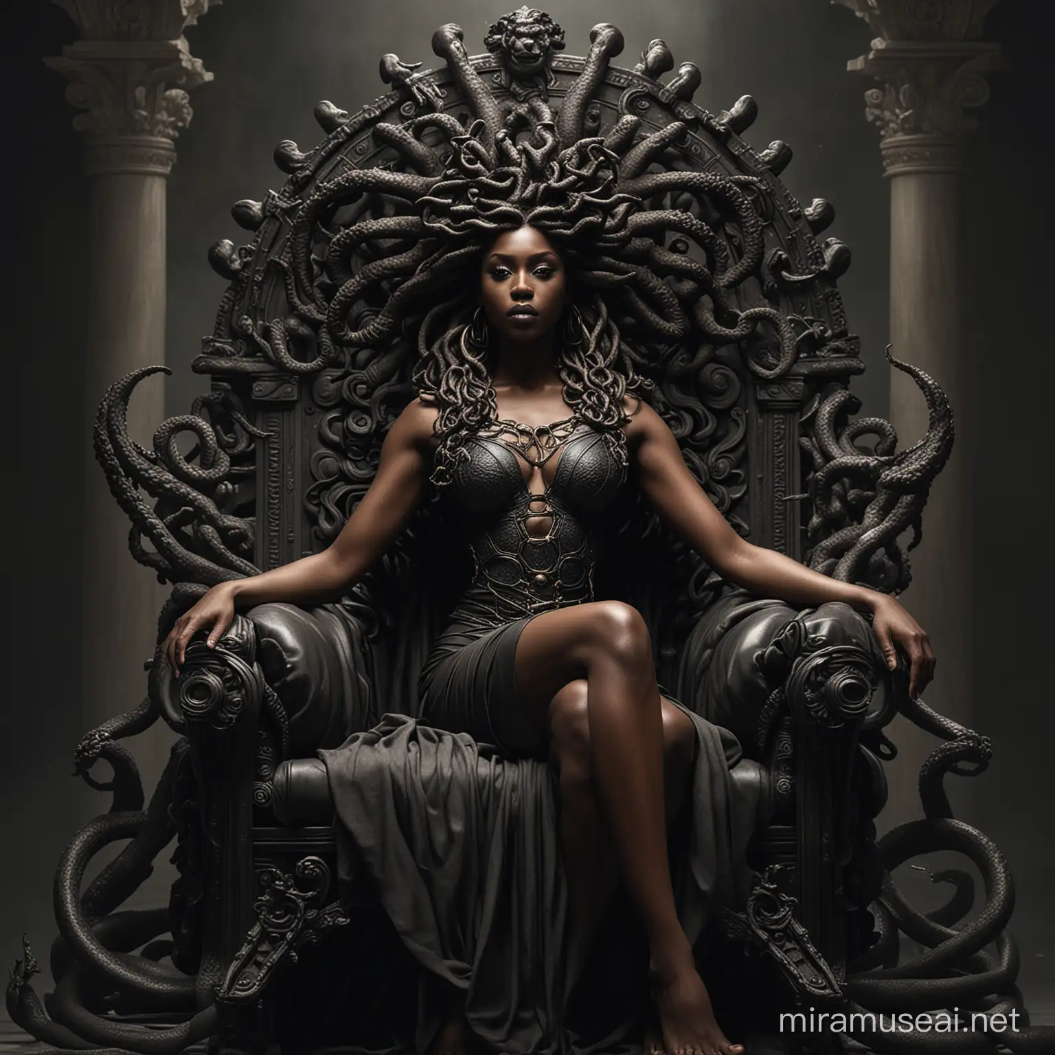 Majestic dark skin Medusa Sitting on His Throne in Commanding Pose