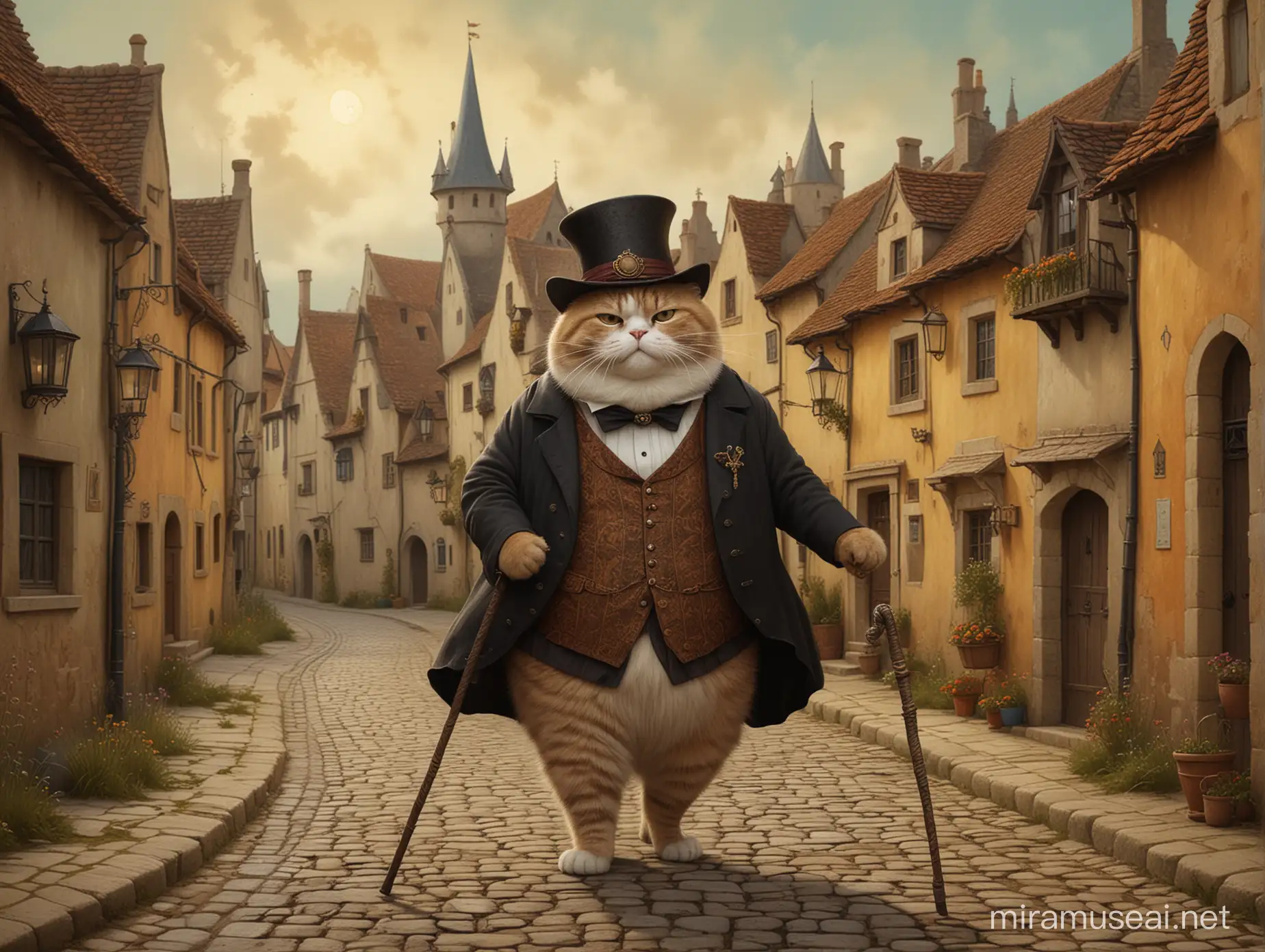 a fat smiling cat with a cane in a hat and a frock coat walks through a medieval town, style by Andy Kehoe