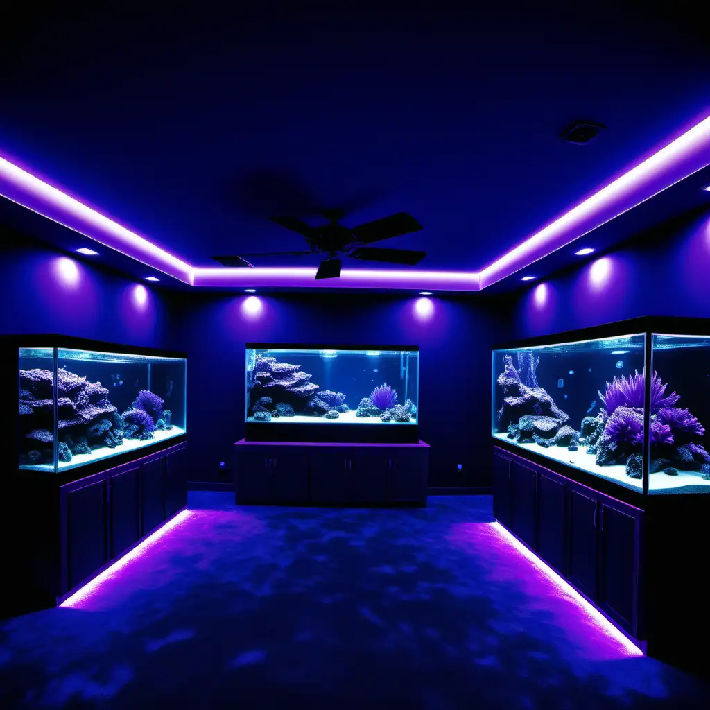 create a background for a gaming room with aqua marine tanks and the room had rib with purple hue lighting the room with vibrant purple tone on the highlights and the shadows I need it in the landscape ration 16:9
