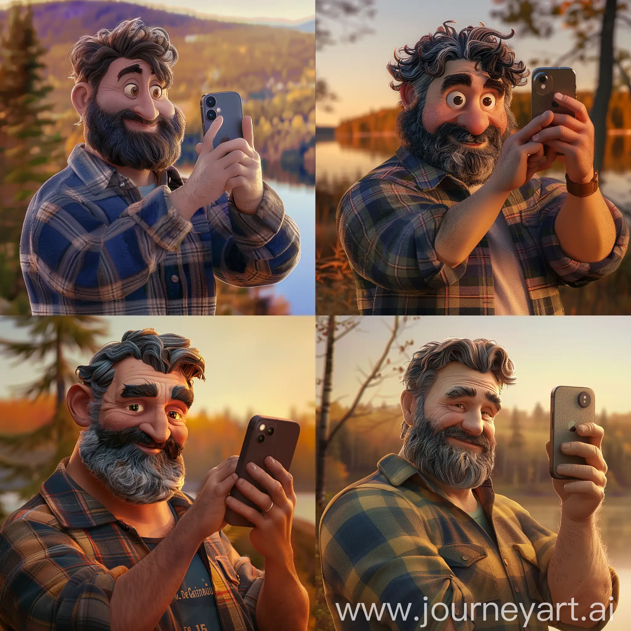Imagine a character named Jacques DeGatineau, conceived by the comedic mind of Norm Macdonald. Jacques hails from the picturesque region of Temiskaming, Quebec, embodying the quintessential traits of its residents. He is depicted taking a selfie, presumably with an iPhone 15, showcasing not only the device but also his unique personality and background.  Jacques is in his late 30s, with a rugged yet amiable appearance. He has a thick, well-groomed beard and expressive eyes that hint at a life filled with both laughter and contemplation. His hair is slightly tousled, suggesting he doesn't fuss much about his looks, yet there's an undeniable charm to his disheveled style. Jacques wears a flannel shirt, a staple in the wardrobe of someone accustomed to the brisk Canadian outdoors, layered over a simple, worn-in t-shirt.  The background of the selfie is a blur of the Temiskaming landscape, with hints of a serene lake and the lush, dense forests characteristic of Quebec. The lighting is soft, with the golden hues of a late afternoon sun casting a warm glow on Jacques's face, highlighting his features and the iPhone 15 in his hand.  As Jacques snaps the selfie, there's a playful smirk on his lips, a tribute to Norm Macdonald's signature humor. The image captures not just a moment but the essence of Jacques DeGatineau—a man of simplicity, warmth, and a subtle complexity that mirrors the depth of his creator's comedy.