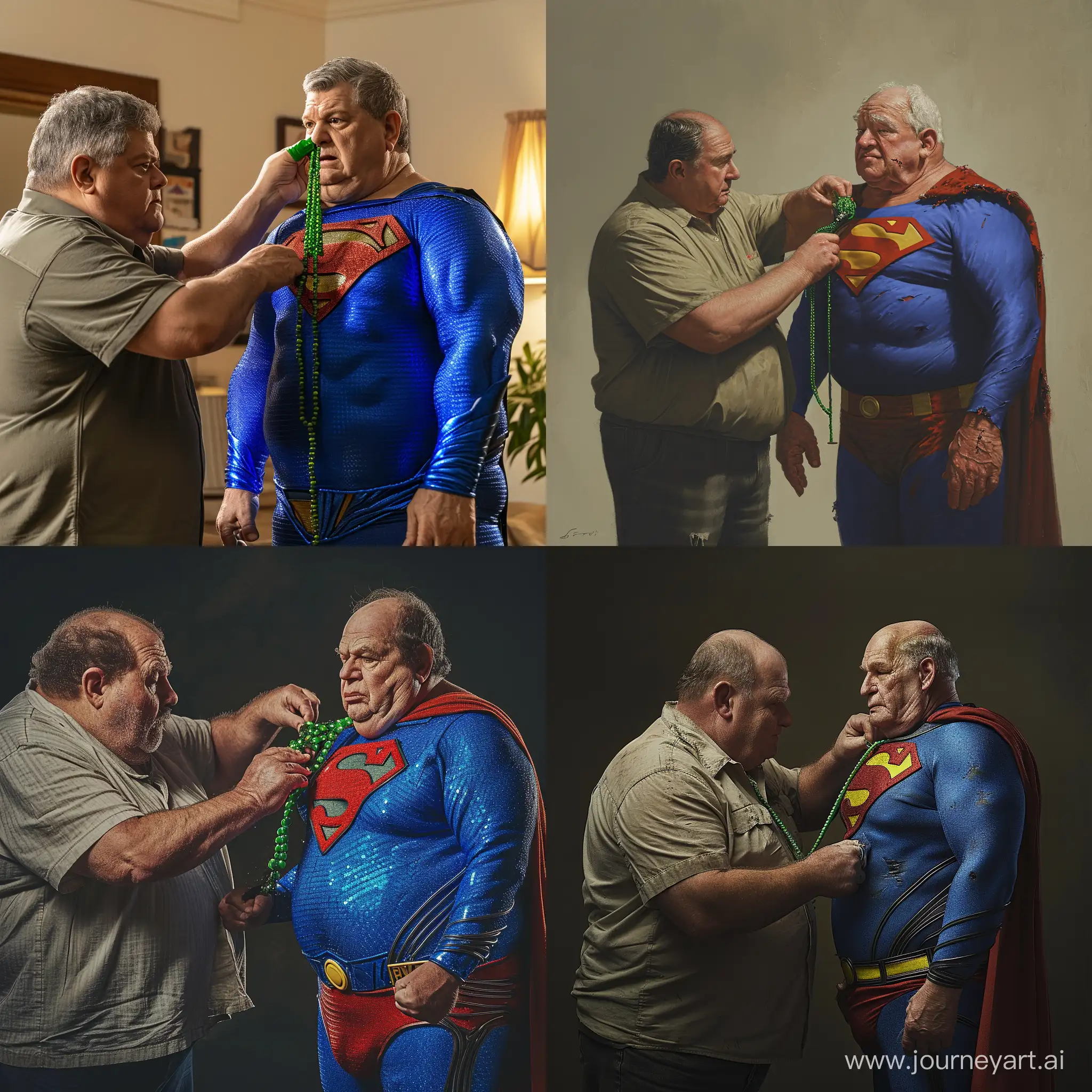 Scene with two men. The first man is a chubby man wearing a shirt. The first man is putting a green necklace on the second man. The second man is a chubby 70 years old man wearing a tight bright blue superman costume. The second man looks very weak --v 6