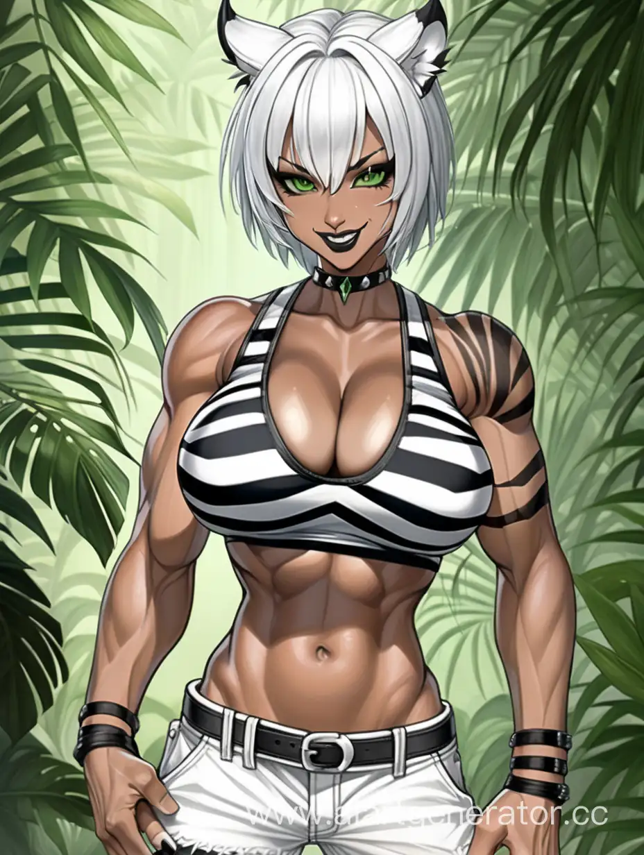 Jungle, 1 Person, Women, Beastwomen, Tiger Ears, White Hair, Black Striped Hair, Short Hair, Spiky Hairstly, Dark Ebony Brown Skin, Black Tiger Stripes on body,  White Shirt, Green Pants, Choker, Black Lipstick, Seriuos Smile, Brown Eyes, Sharp Eyes, Tall Body, Massive Breasts, Muscular Detailed Arms, Muscular Legs, Well-toned Body, Muscular Body, Well-toned Abs, Hard Abs, Detailed Abs,  Tiger Stripes, 