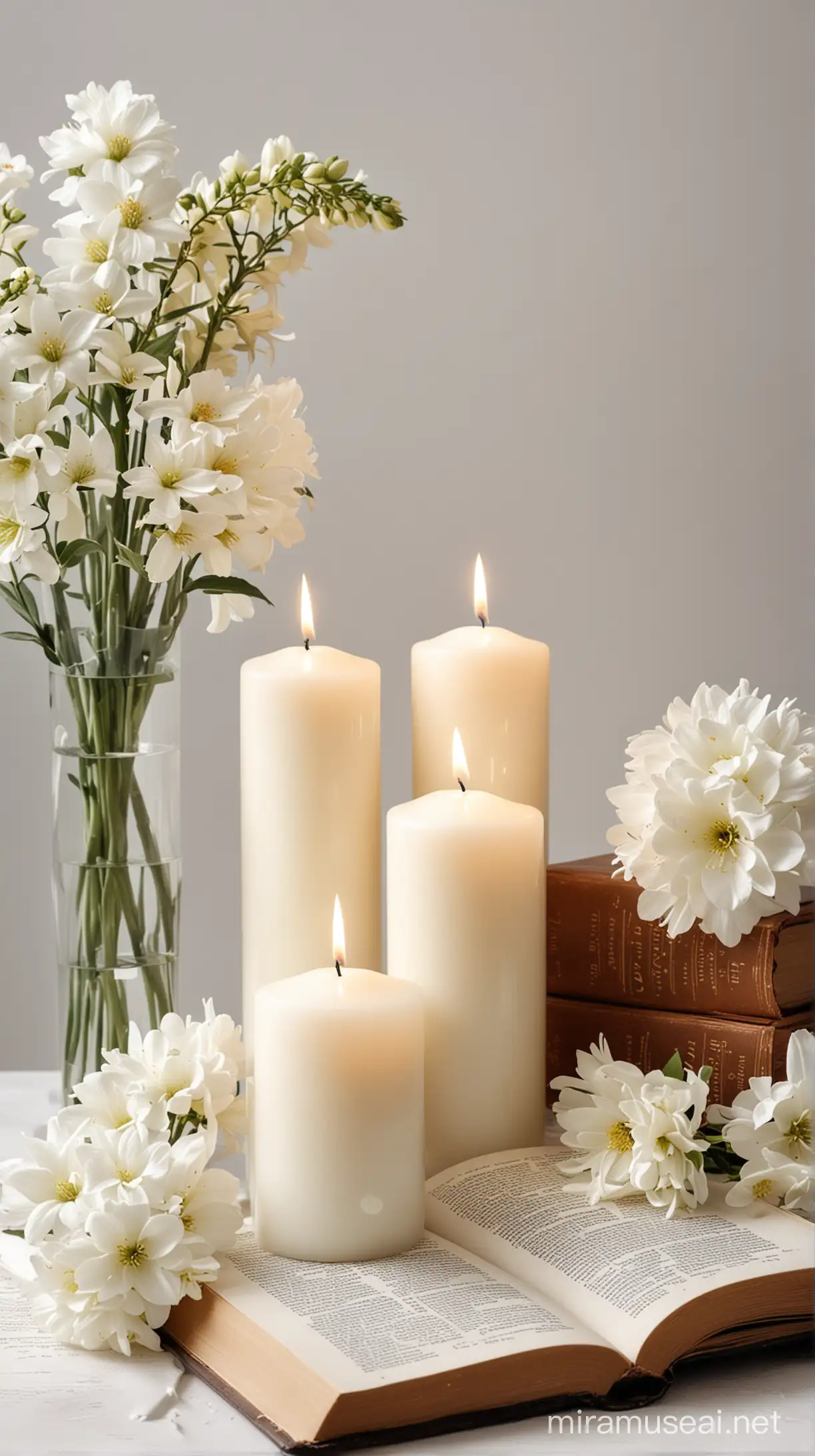 Elegant Candle Arrangement with White Flowers and Open Bible on White Surface with Soft Glow