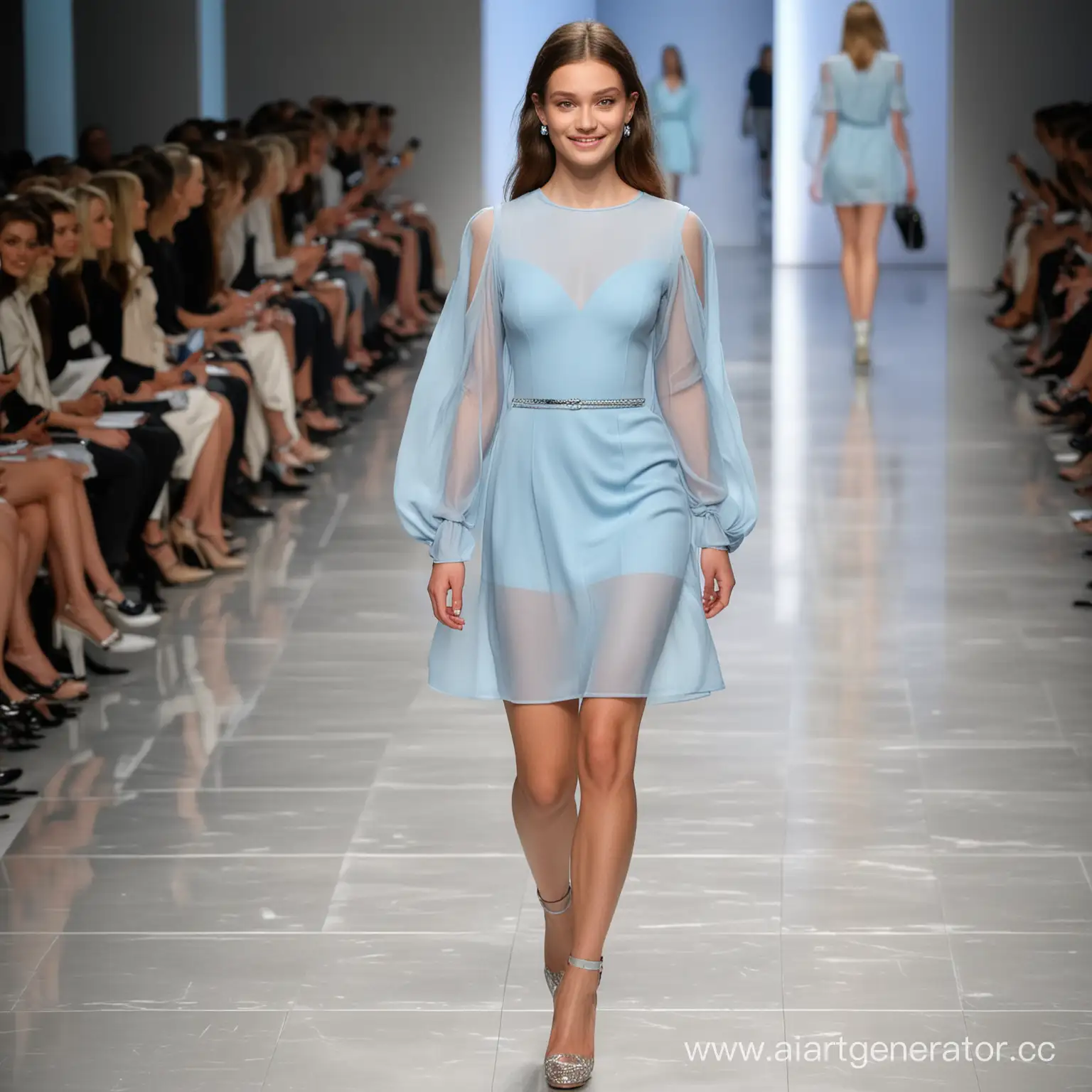 Красивая русская девушка модель идет по подиуму на неделе моды в Милане и улыбается в голубом платье выше колена с полупрозрачными рукавами от платья 