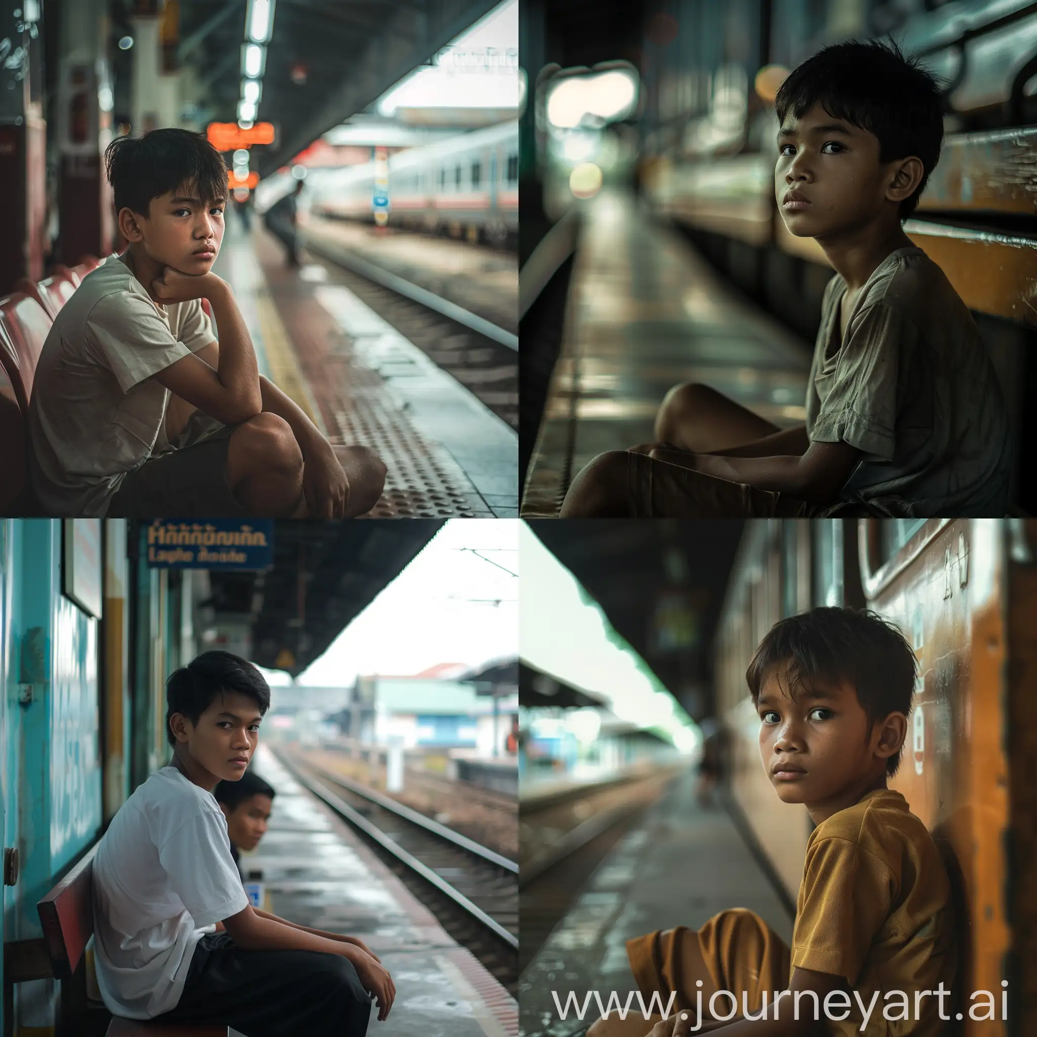 handsom boy 25year old,thailand face, wearing batrain,sitting waiting train at the javanese train station,photo realisti,Hd ultra,sharp