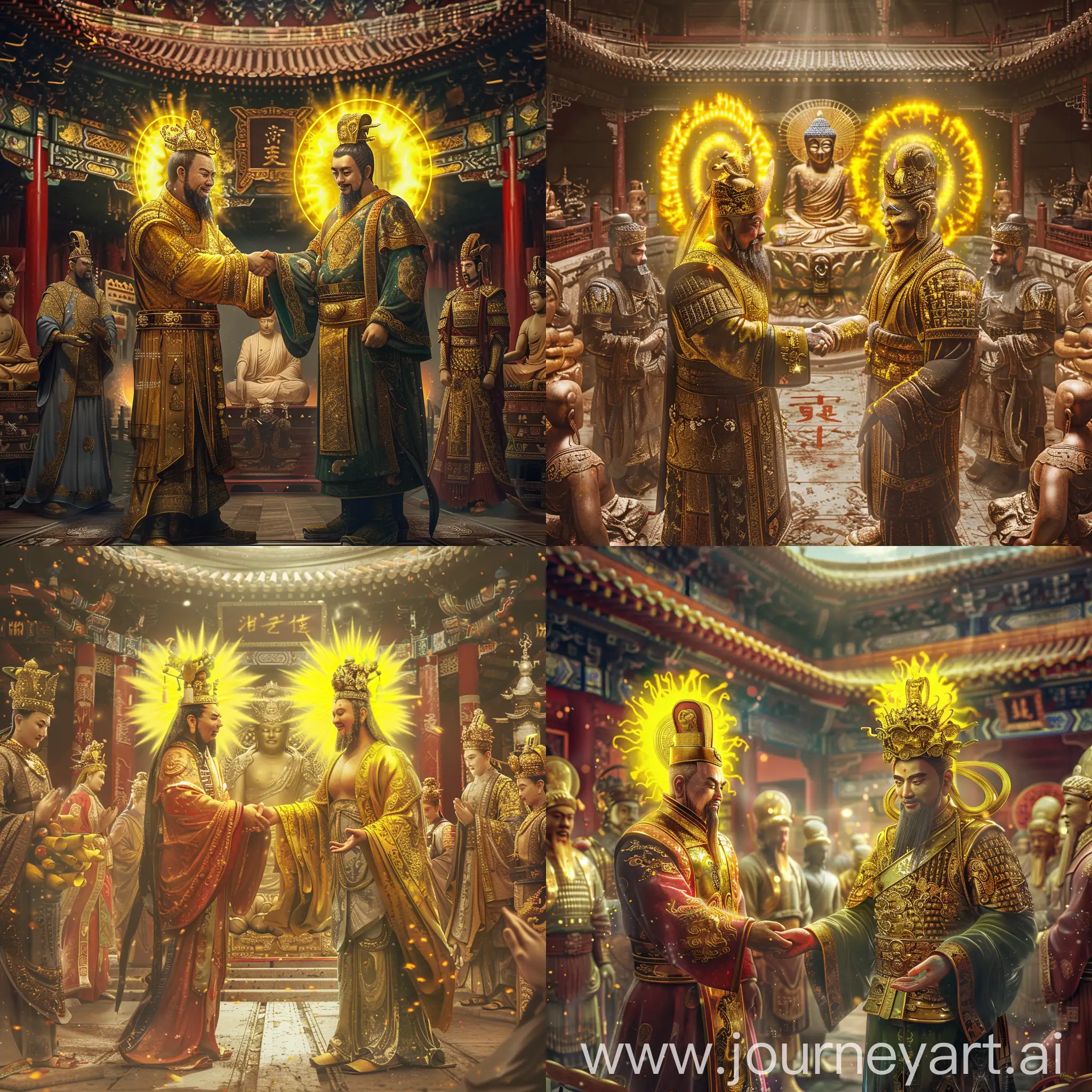 Chinese Qin dynasty emperor is shaking hand with a golden Buddha, both have yellow aurora around their heads. inside a ancient Chinese Palace with other medieval Chinese gods and other Buddhas,
