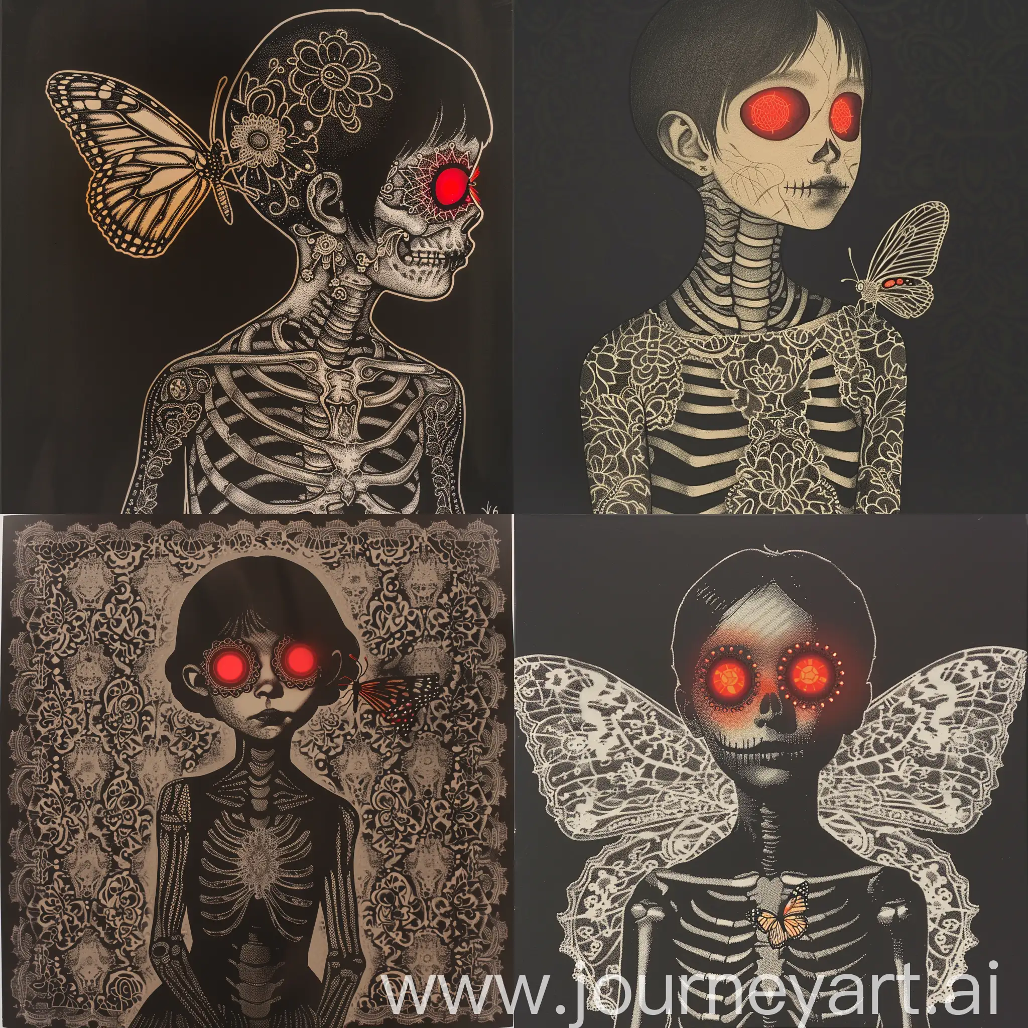Mesmerizing-Skeleton-Girl-with-Fiery-Red-Eyes-and-Intricate-Lace-Pattern-Adorned-with-Diamonds-and-a-Bright-Butterfly