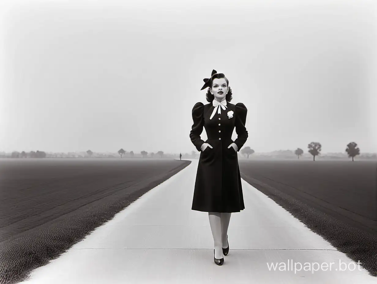 The magnificent Judy Garland, the most beautiful, walks in full height along the road in the magical land of baroque.