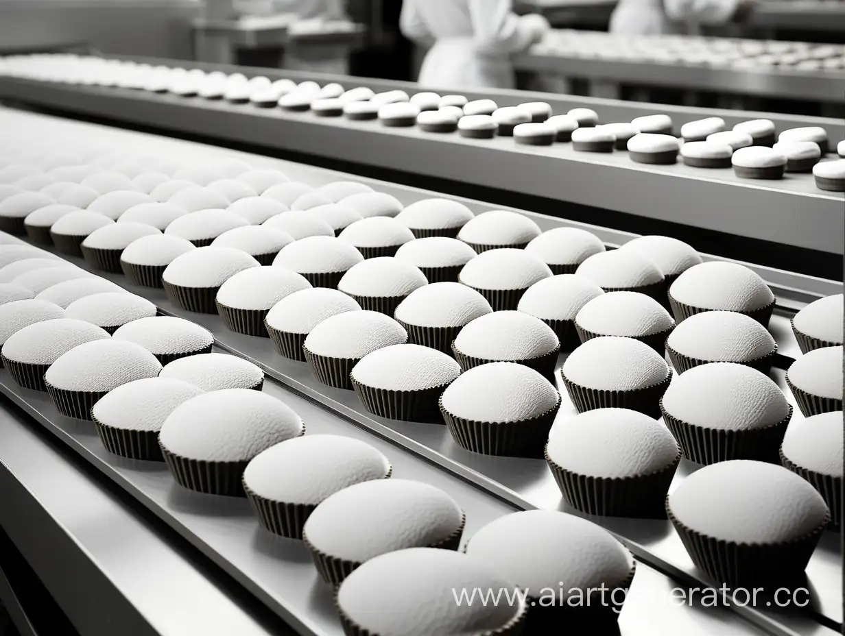 кондитерское производство     десерты выставлены рядами на конвеере но его не видно

​чёрно-белое изображение 