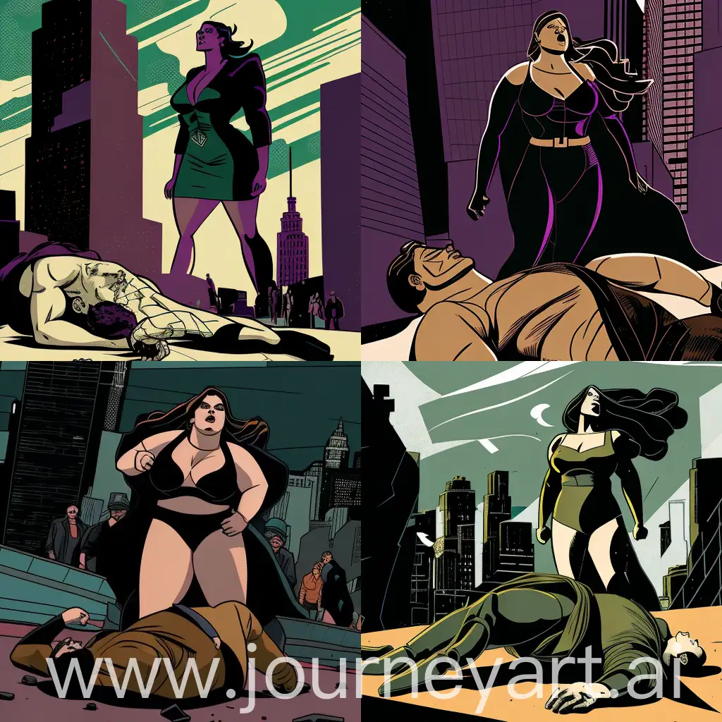 An empowering and dynamic illustration of a confident, curvy feminist woman standing triumphant over a defeated man with a bandaged head. The woman is dressed in a provocative leather and cloth ensemble, exuding strength and self-assurance. The man, lying on the ground, appears subdued and vulnerable. The background is a dystopian cityscape, with towering buildings and a sense of urban decay. The overall tone of the image is bold, rebellious, and unapologetically powerful., illustration, 3d render, photo