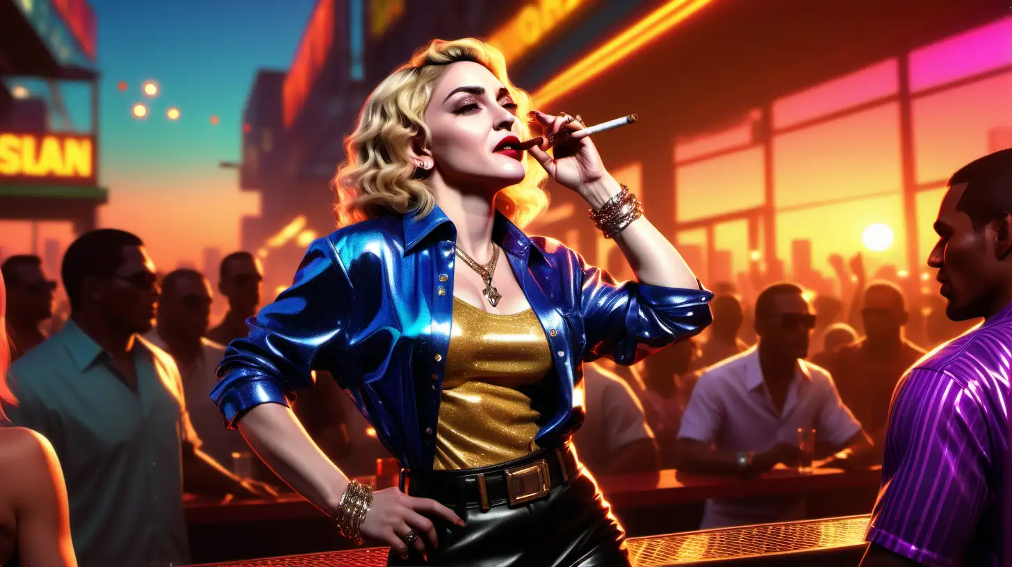 a digital artwork of Madonna, playful stance,  bar setting, in a vibrant glittering sparkling shirt, smoking cigar, sunset background, lively  crowd, GTA loading screen, artwork by rockstar games, created using digital painting tools, exaggerated features, dynamic lighting, vivid colors, party atmosphere
